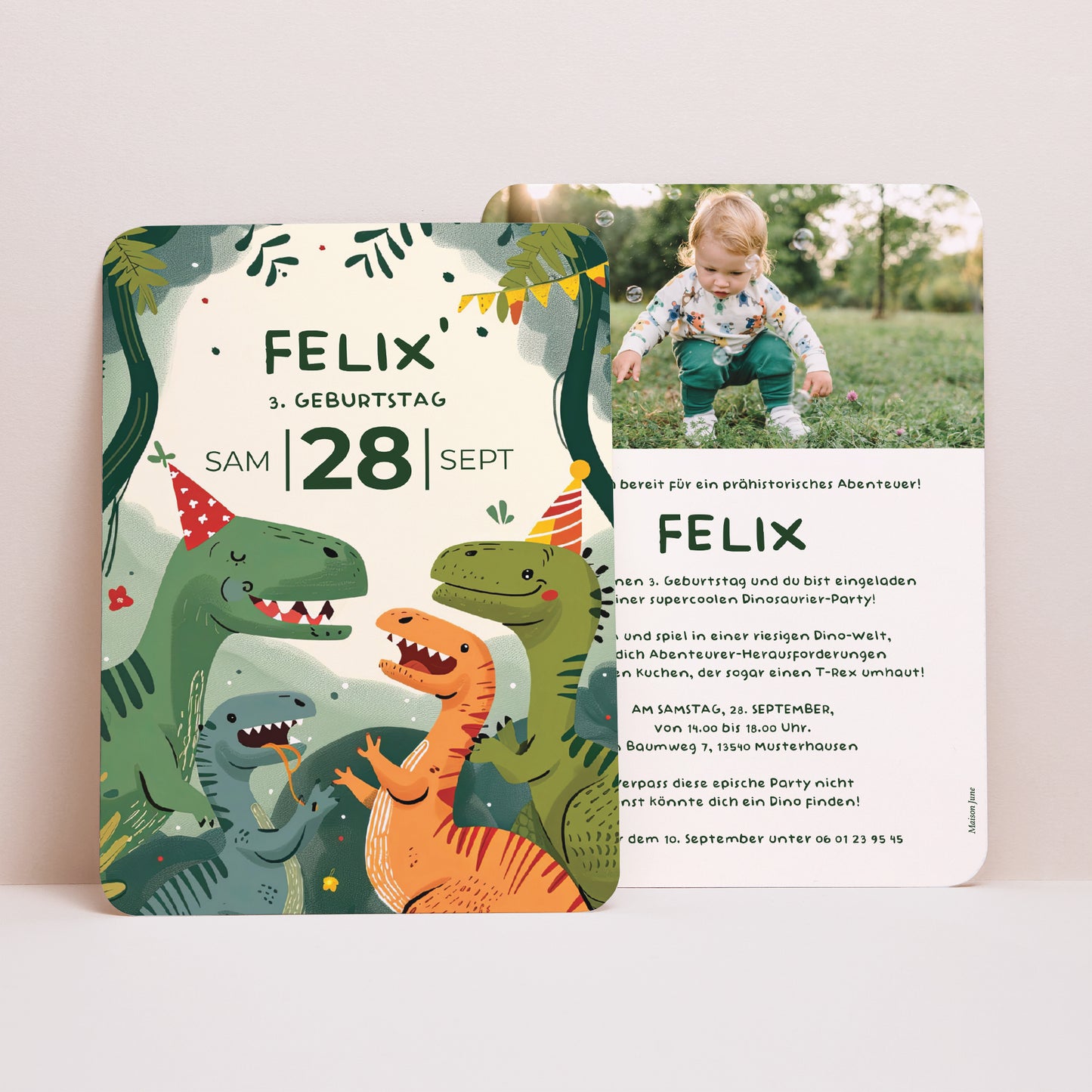 Invitations Anniversaire Enfant Portrait, bords arrondis La fiesta des Dinos foto N° 4
