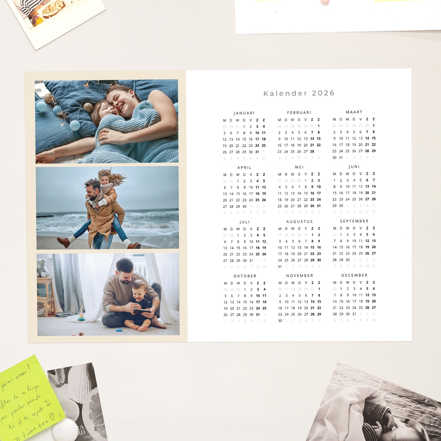 Kalender Eindejaar Magnetisch, enkelvoudig landschap Het jaar in trio - beige foto N° 1