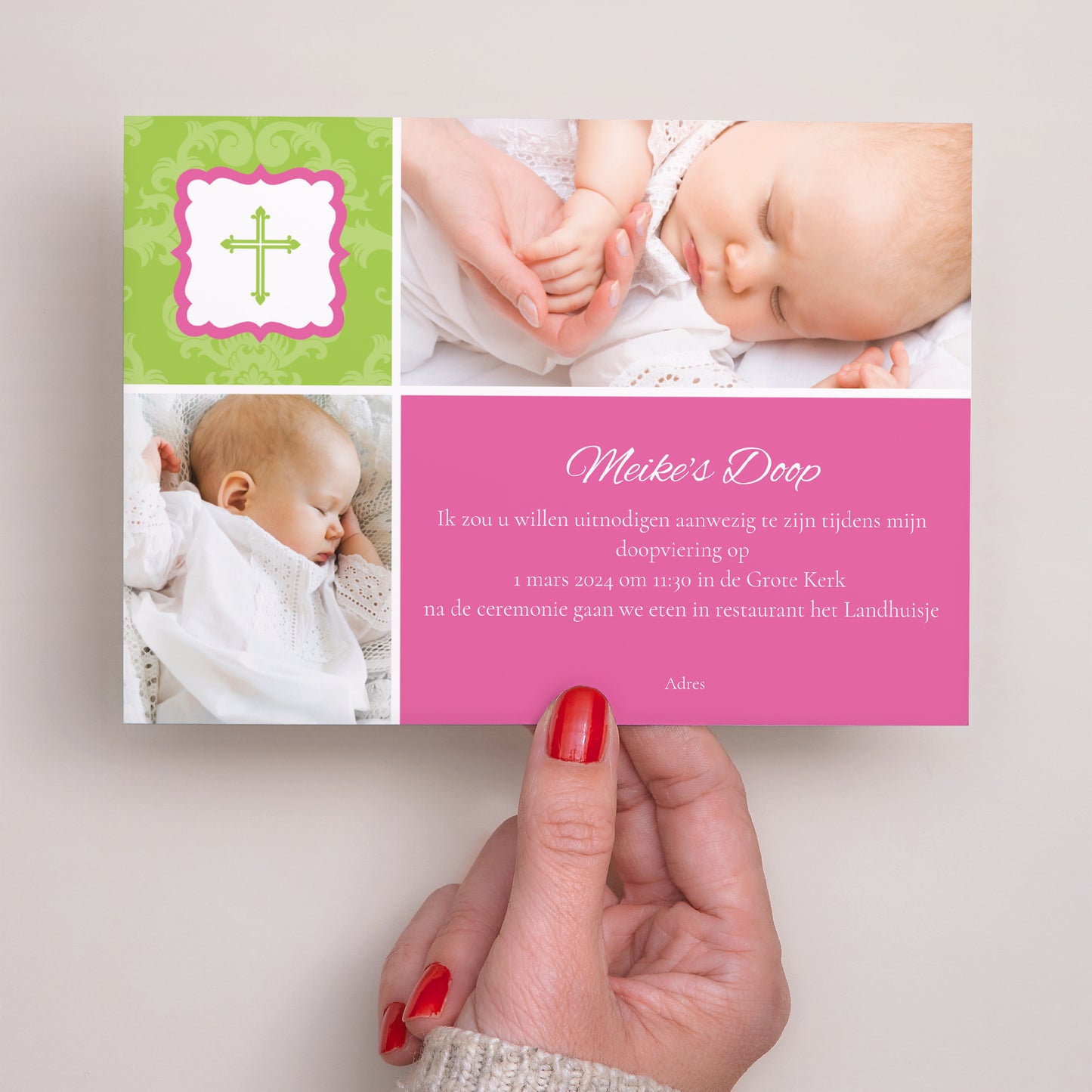 Uitnodigingskaart Doop Landschap Rose-Vert foto N° 3