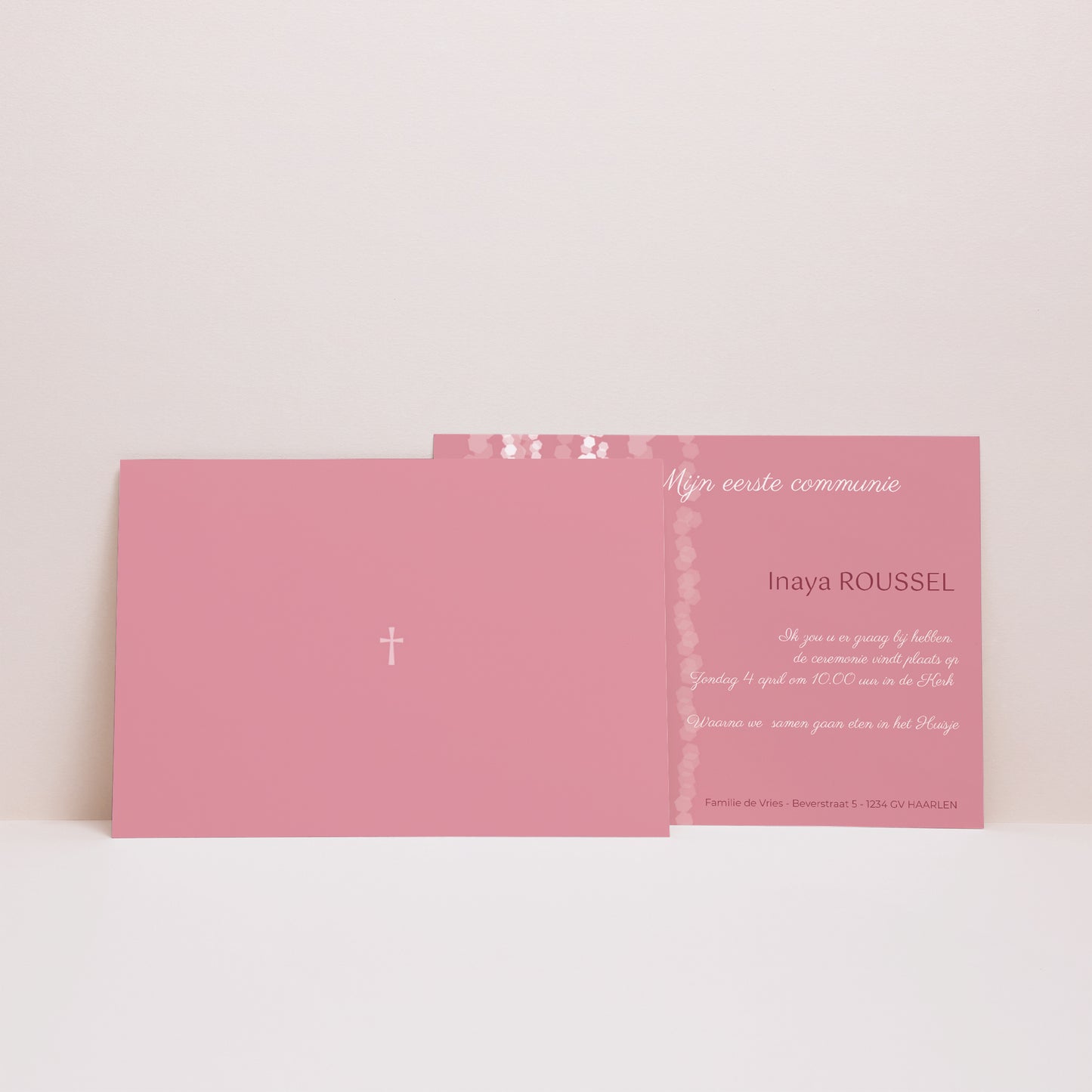 Uitnodigingskaart Communie Landschap Eigentijds roze kruis foto N° 2