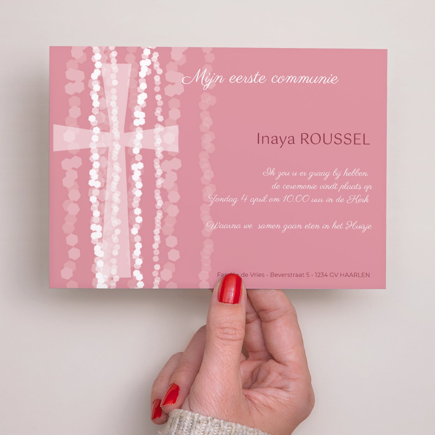 Uitnodigingskaart Communie Landschap Eigentijds roze kruis foto N° 3