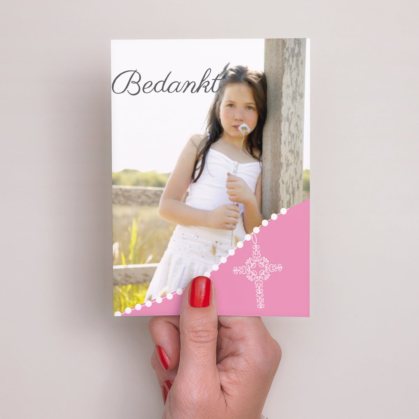 Bedankkaart Communie Portret Heilig avondmaal - roze foto N° 2