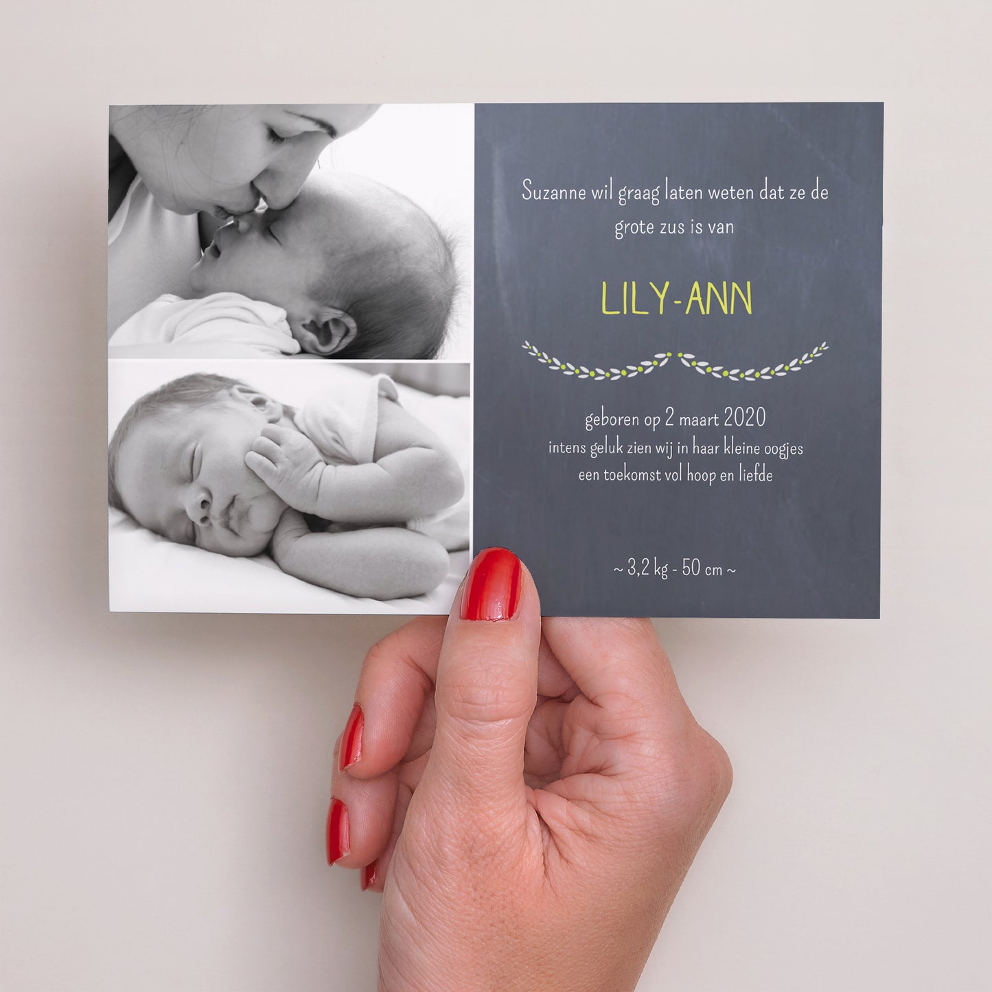 Uitnodigingskaart Geboorte Landschap Leisteen en kroon foto N° 3