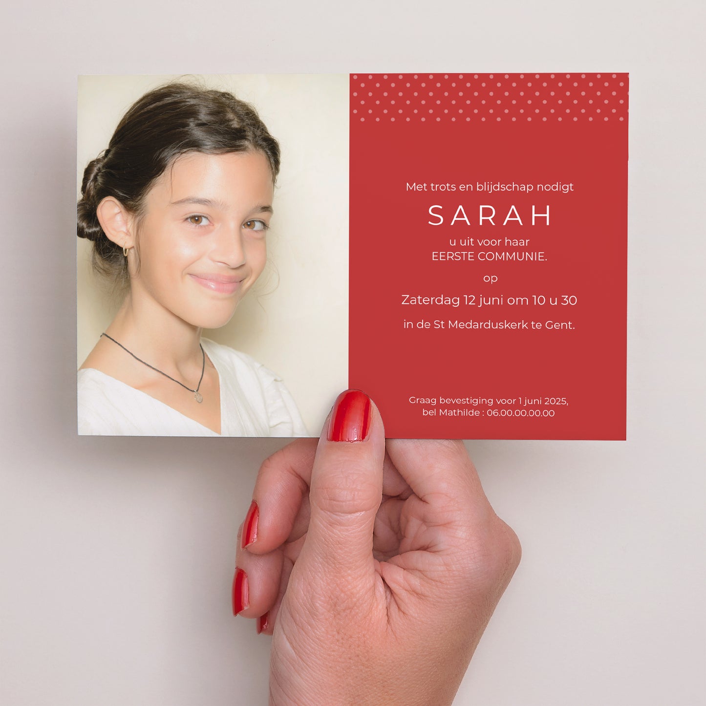 Uitnodigingskaart Communie Landschap Rode erwten foto N° 3