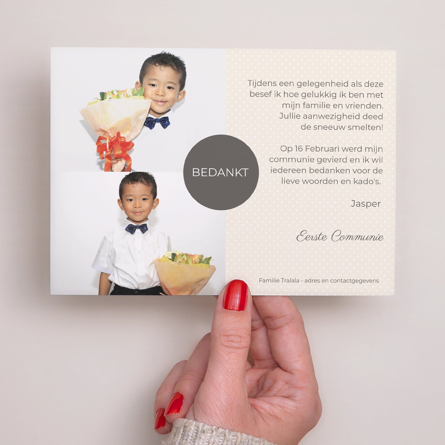 Bedankkaart Communie Landschap Beige erwten, dank je foto N° 3