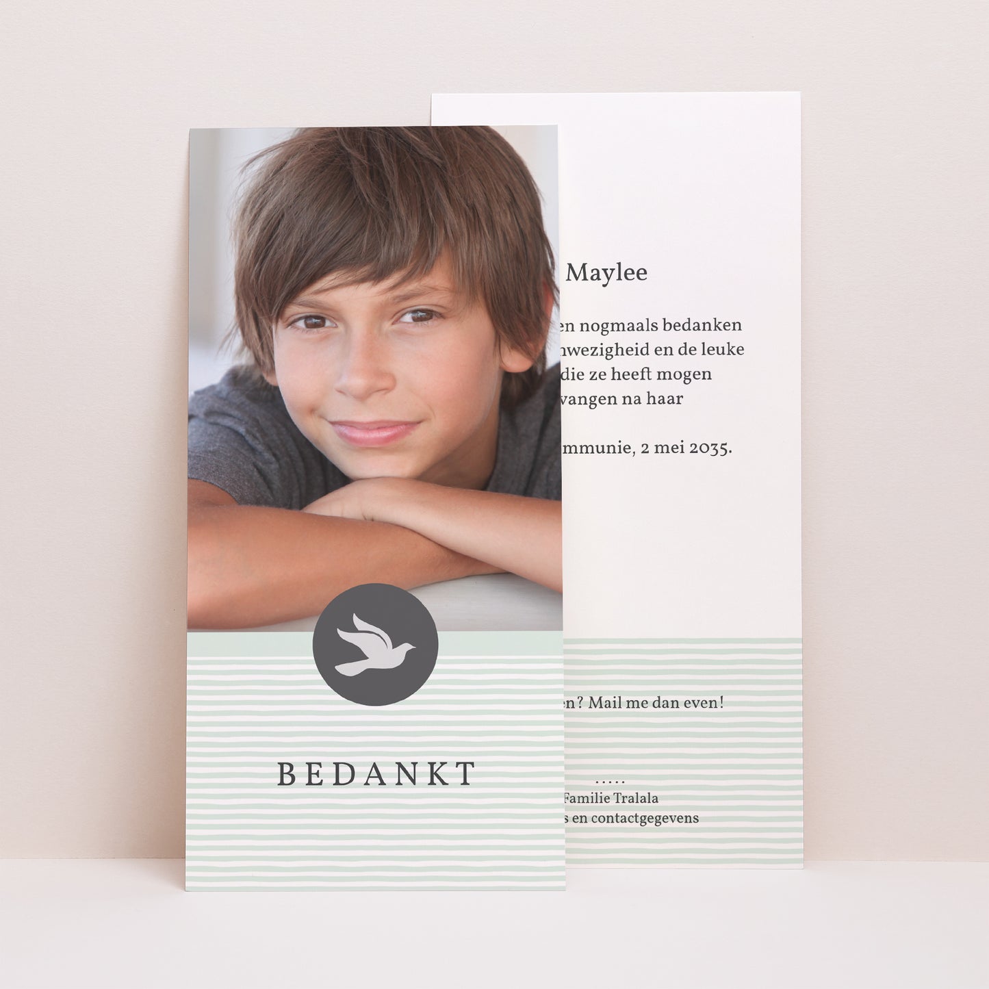 Bedankkaart Communie Panoramisch portret L'envolée bleue, dank u foto N° 1