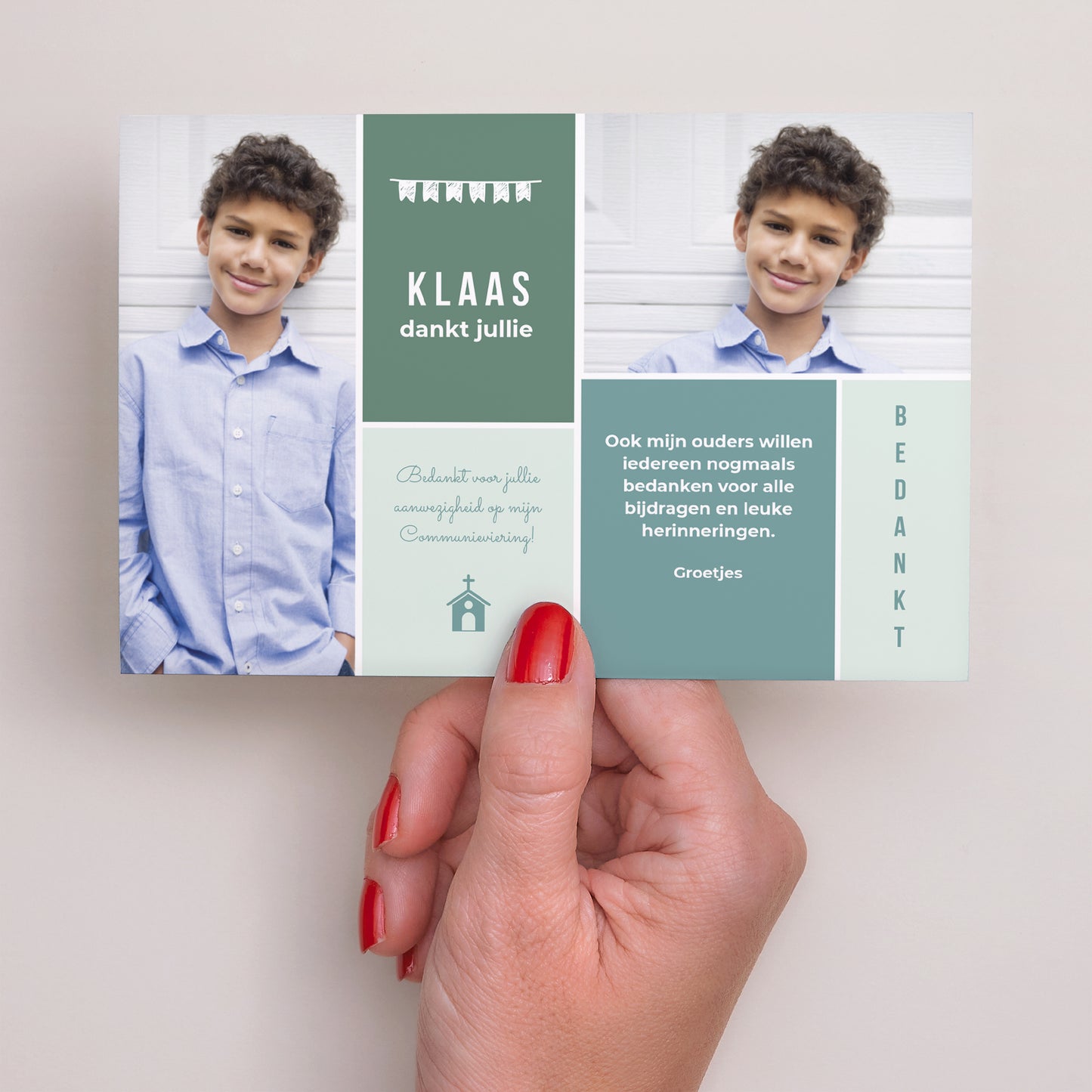 Bedankkaart Communie Landschap Alles blauw, dank u foto N° 3