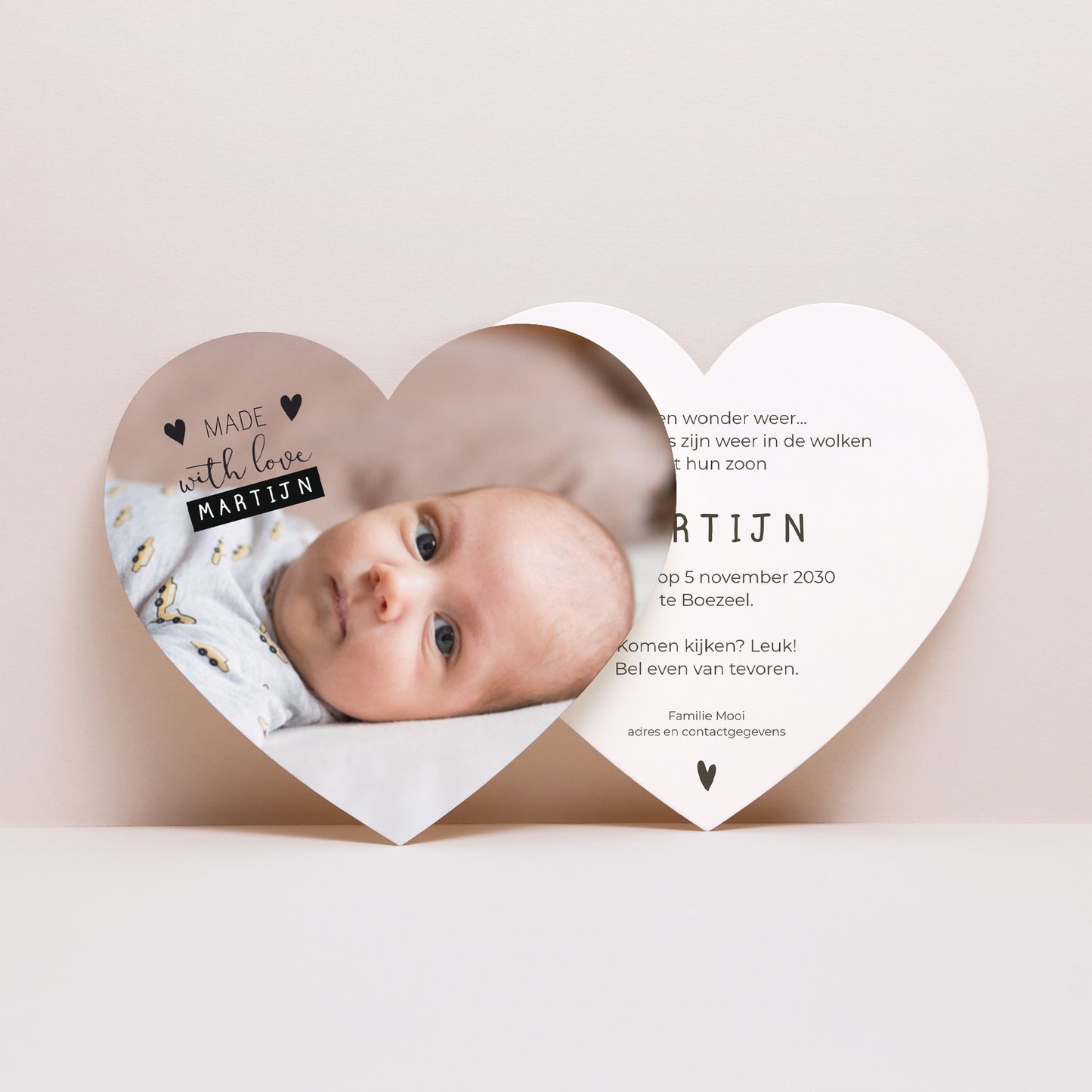 Uitnodigingskaart Geboorte Hart Met liefde gemaakt foto N° 1