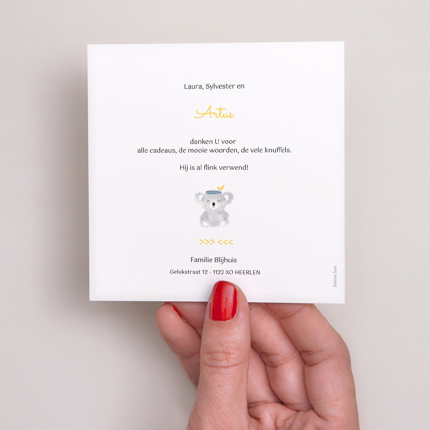 Bedankkaart Geboorte Vierkant Blauwe Koala foto N° 3