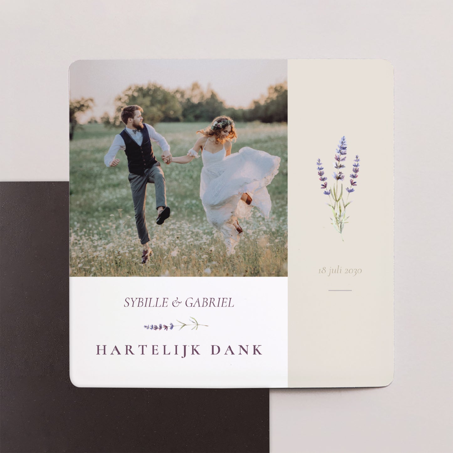 Bedankkaart Huwelijk Set van 9, magnetisch. Boeket van lavendel foto N° 1