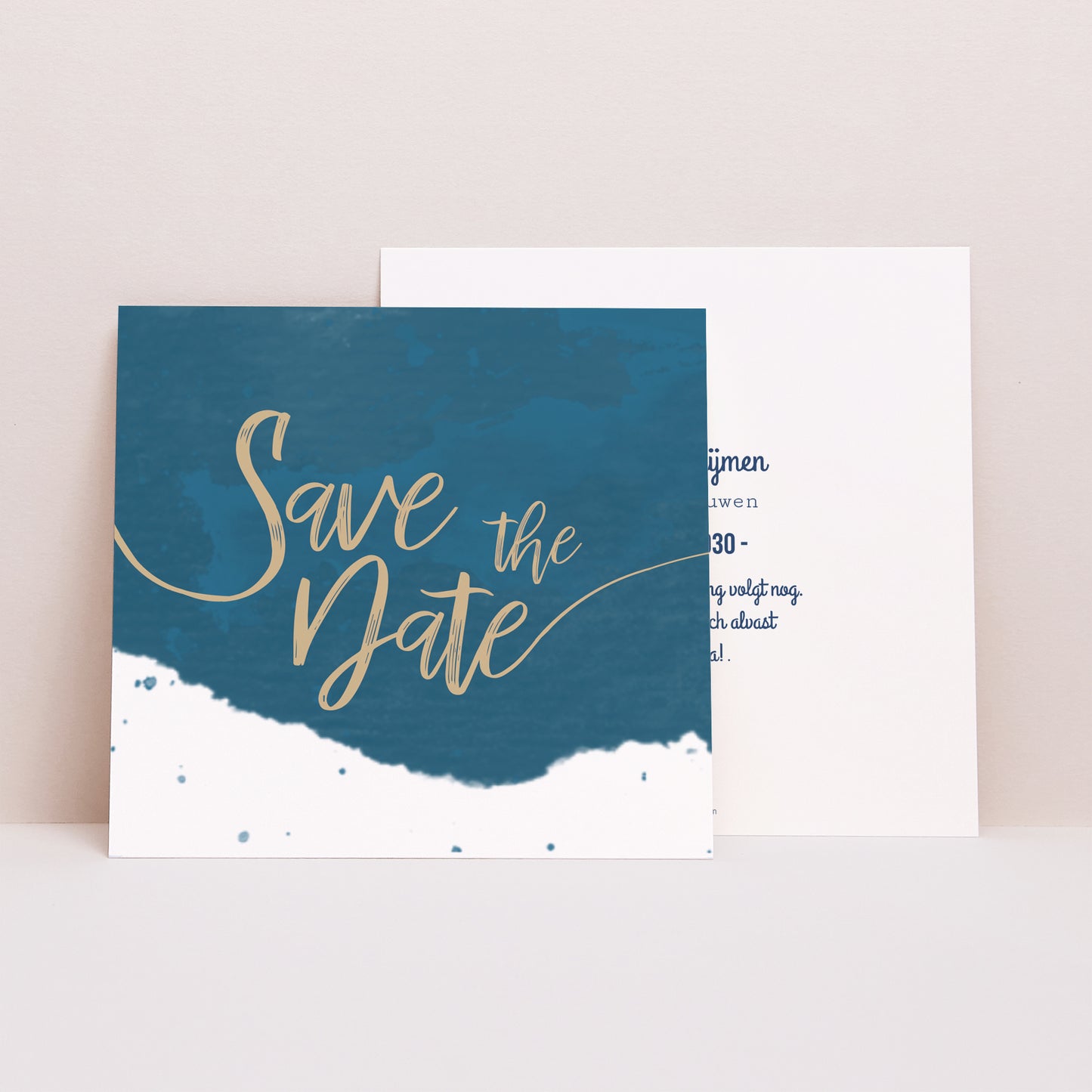 Save the date kaart Huwelijk Vierkant Blauw goud foto N° 1