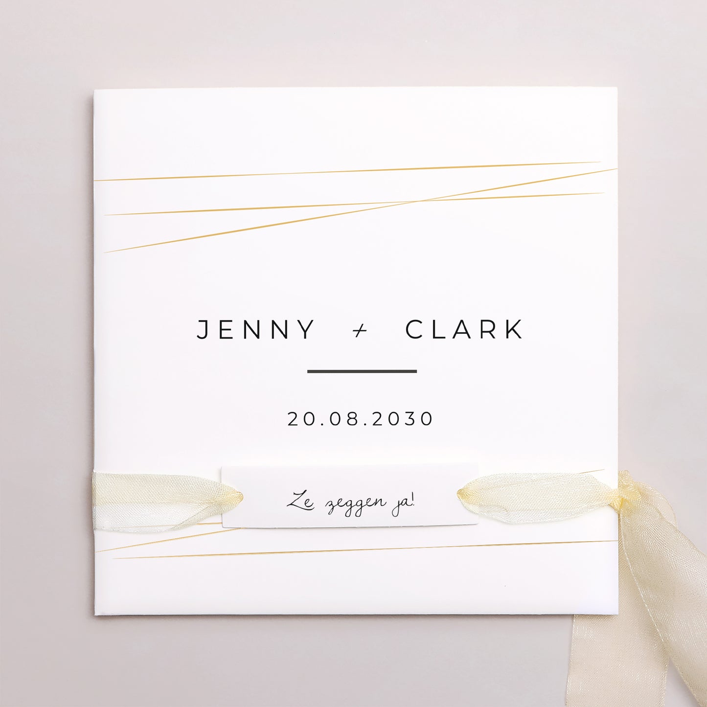 Uitnodigingskaart Huwelijk Vierkante tas, 3 kaarten, label Minimalistisch Chic foto N° 1