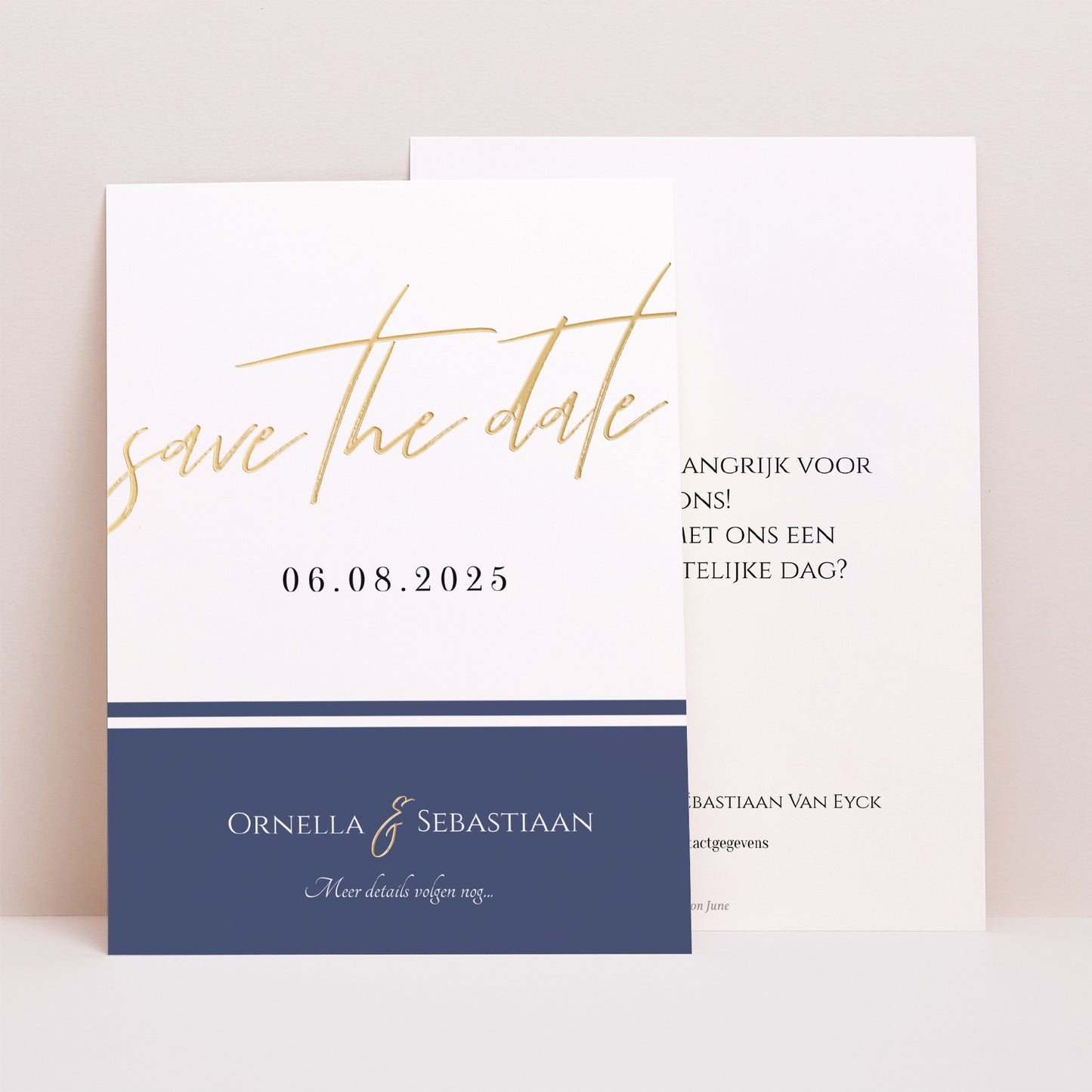 Save the date kaart Huwelijk Portret Zeevaarder met blauw goud foto N° 1