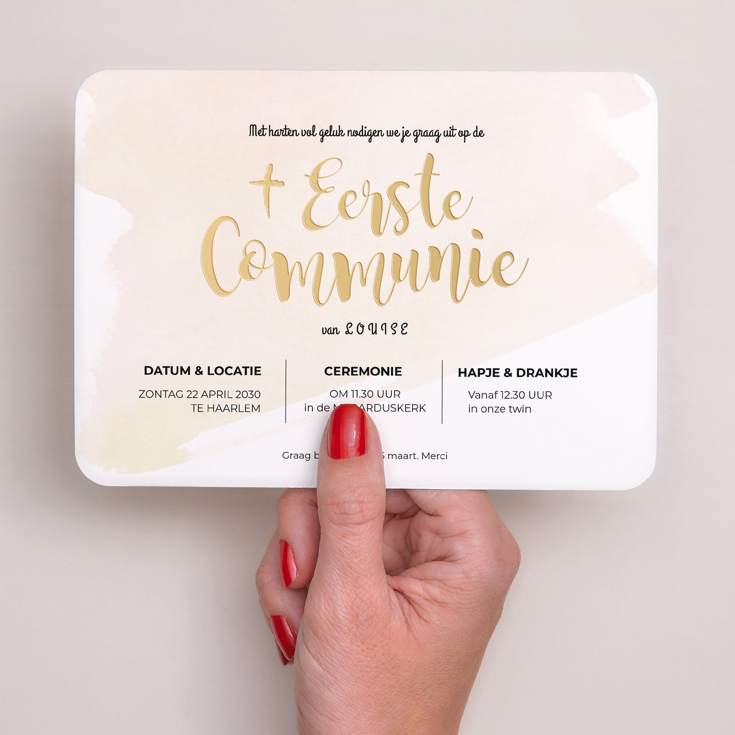 Uitnodigingskaart Communie Landschap, afgeronde randen Gouden aquarel foto N° 3