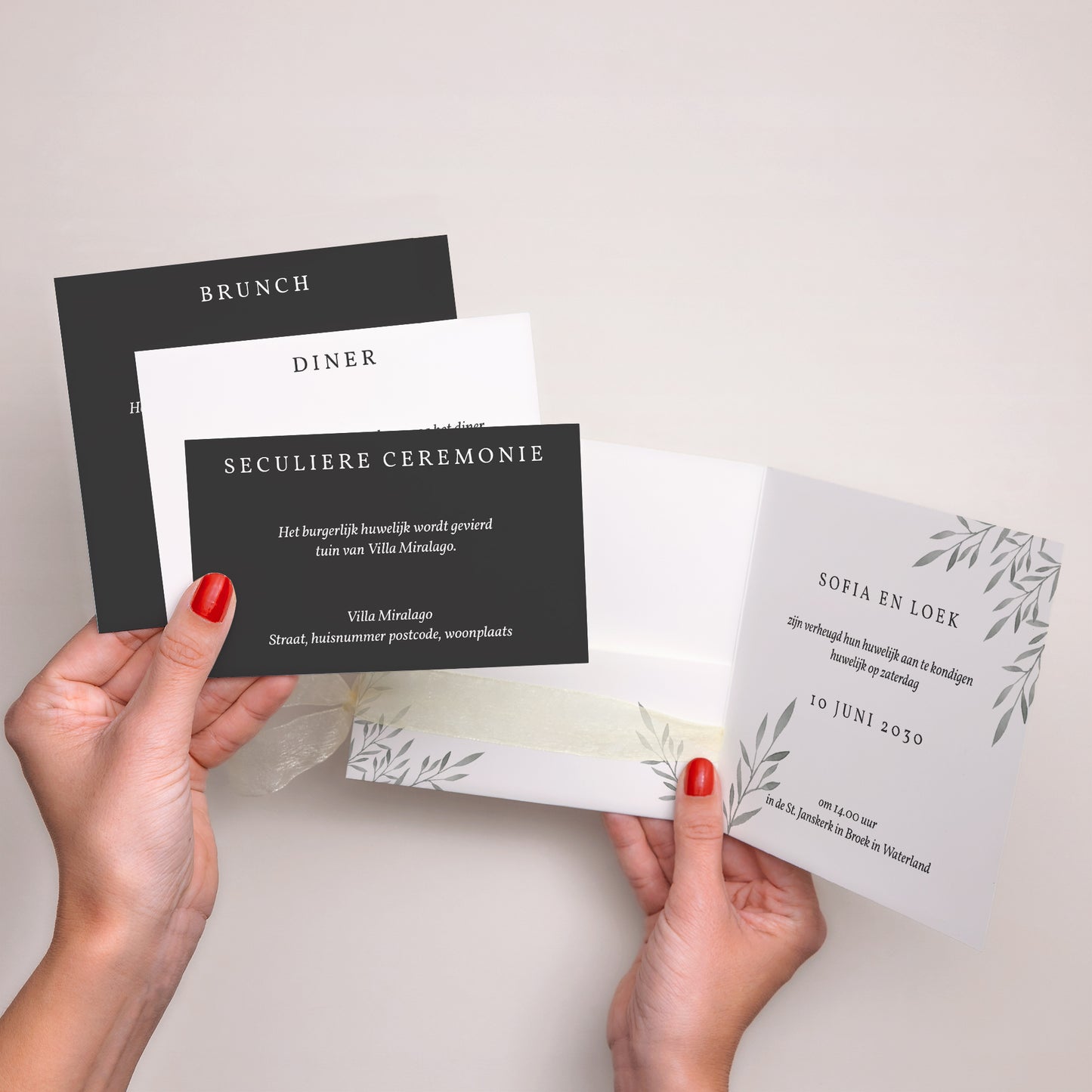 Uitnodigingskaart Huwelijk Vierkante tas, 3 kaarten, label Typografisch vierkant foto N° 3