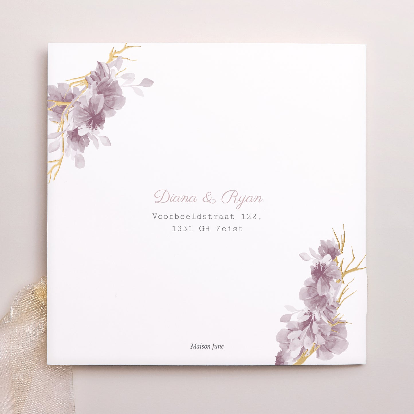 Uitnodigingskaart Huwelijk Vierkante tas, 3 kaarten, label Vintage Chic Rose foto N° 4