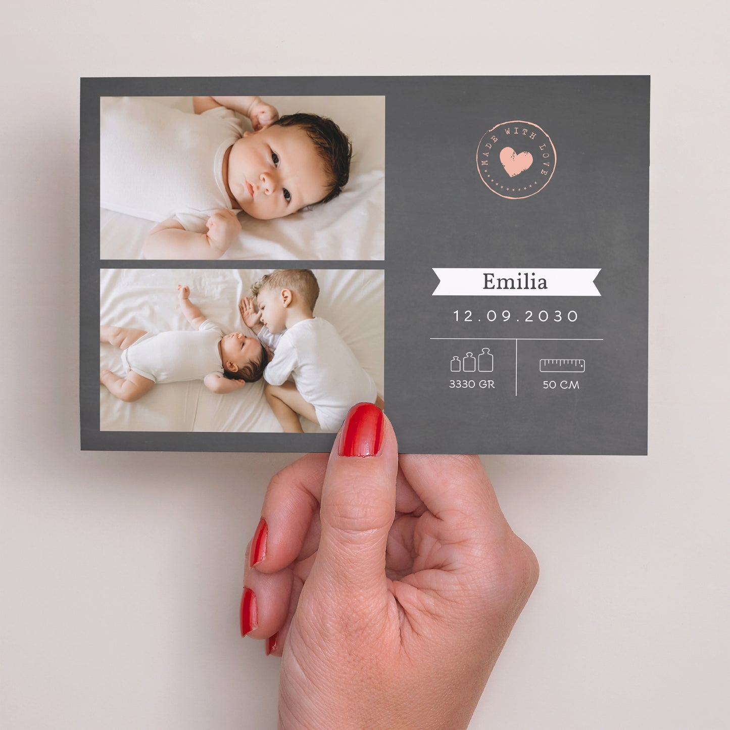 Uitnodigingskaart Geboorte Landschap Leisteen en roze hart foto N° 3