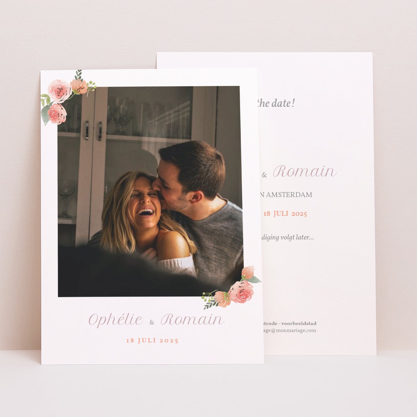 Save the date kaart Huwelijk Portret Bloemkroon foto N° 1