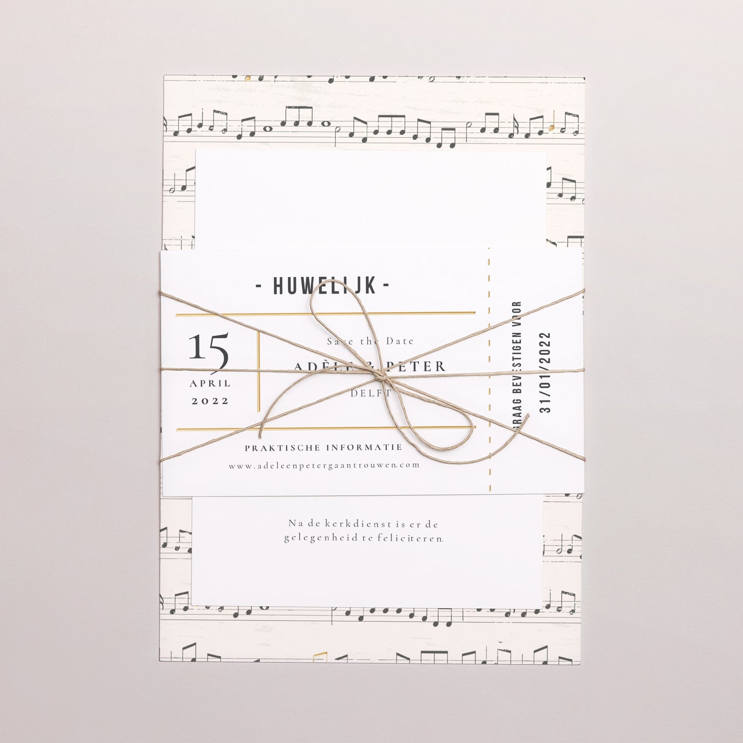 Uitnodigingskaart Huwelijk 3 kaarten, lint Muziek foto N° 1