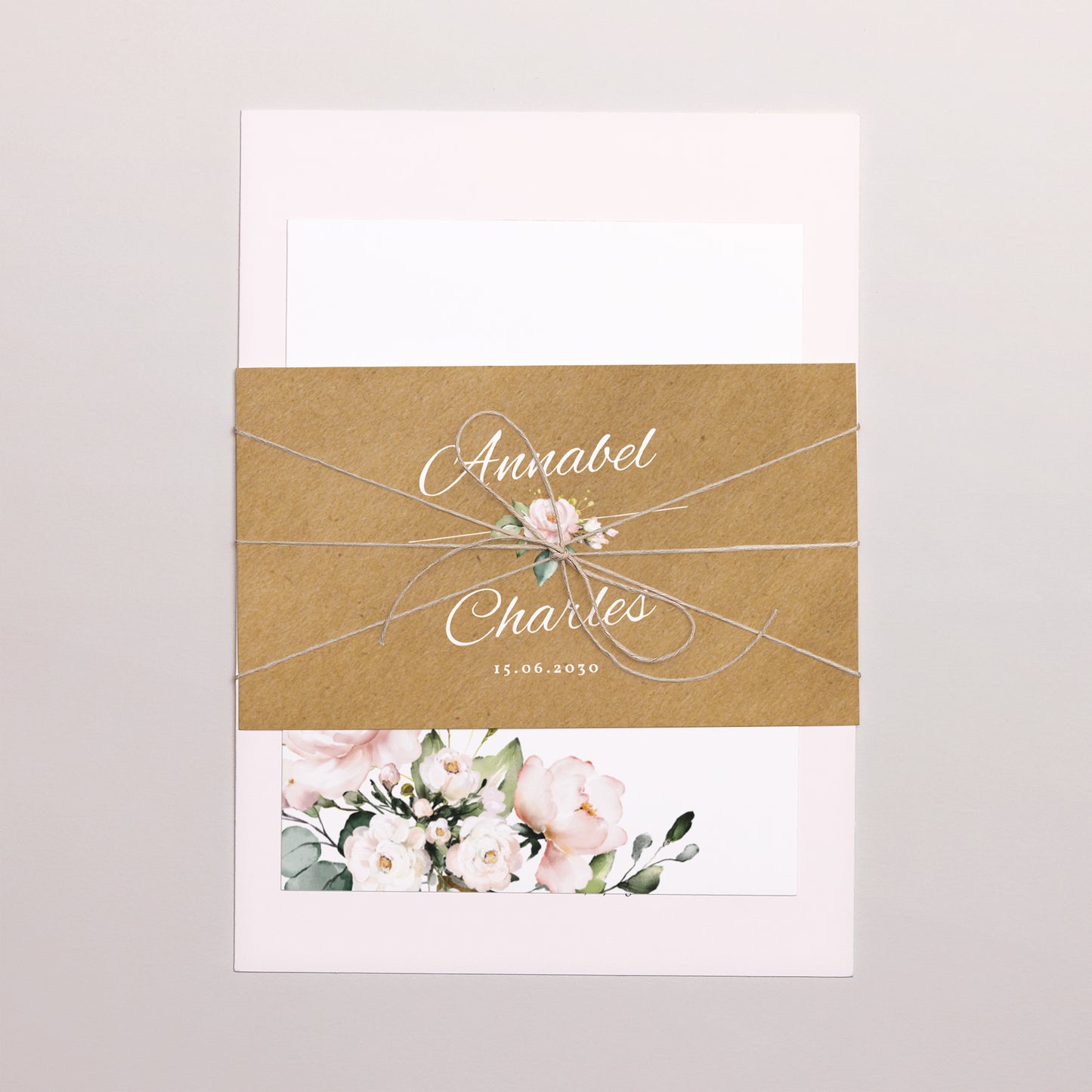 Uitnodigingskaart Huwelijk 3 kaarten, lint Romantische kraft foto N° 1