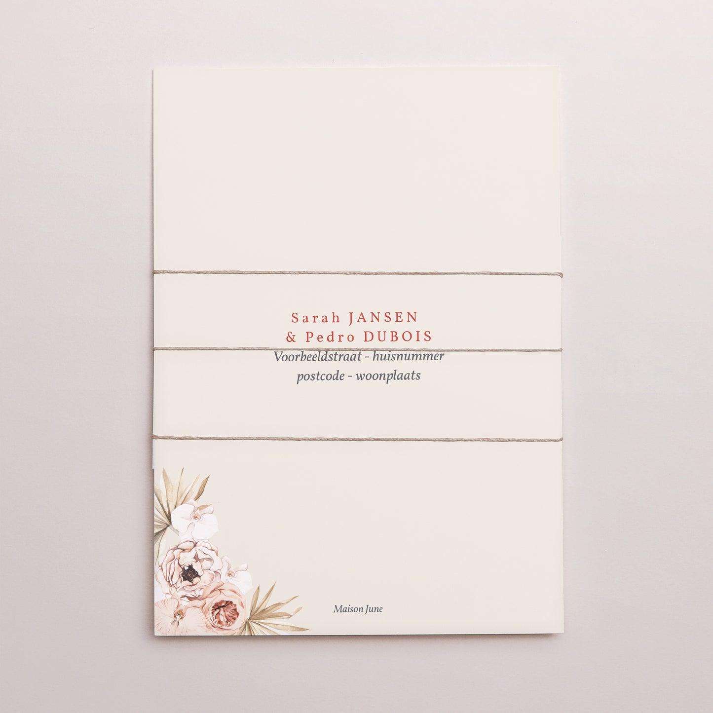 Uitnodigingskaart Huwelijk 3 kaarten, lint Vierkant Bohemen foto N° 4