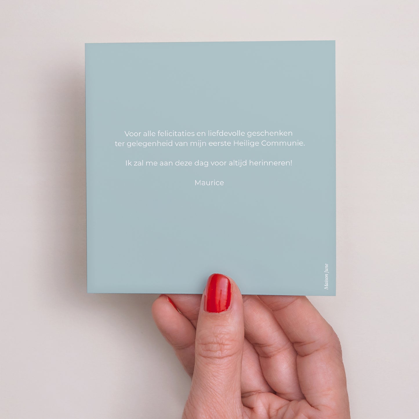 Bedankkaart Communie Vierkant Dove en blauwe bloemen foto N° 3