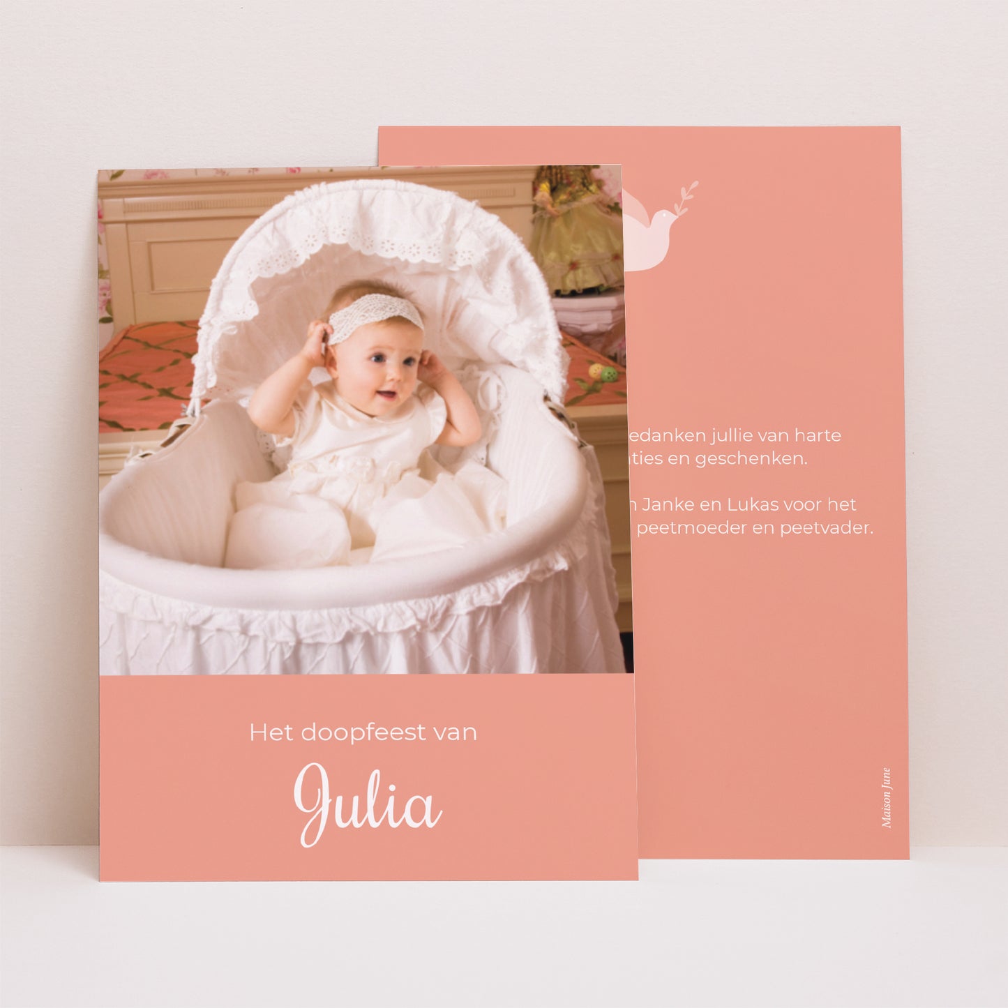 Bedankkaart Doop Portret Duif, gebloemde hoofdband, roze foto N° 1