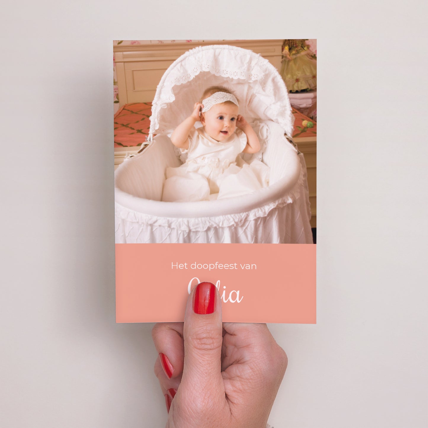 Bedankkaart Doop Portret Duif, gebloemde hoofdband, roze foto N° 2
