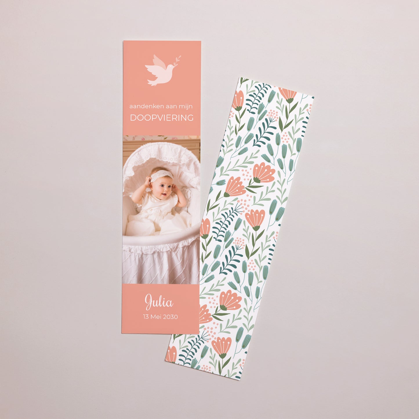 Boekenlegger Doop Bladwijzer Duif, gebloemde hoofdband, roze foto N° 1