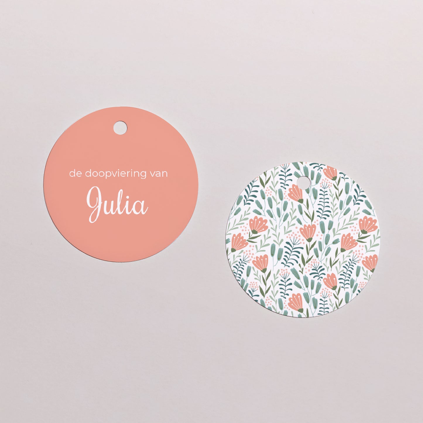 Cadeaulabel Doop Ronde Duif, gebloemde hoofdband, roze foto N° 1