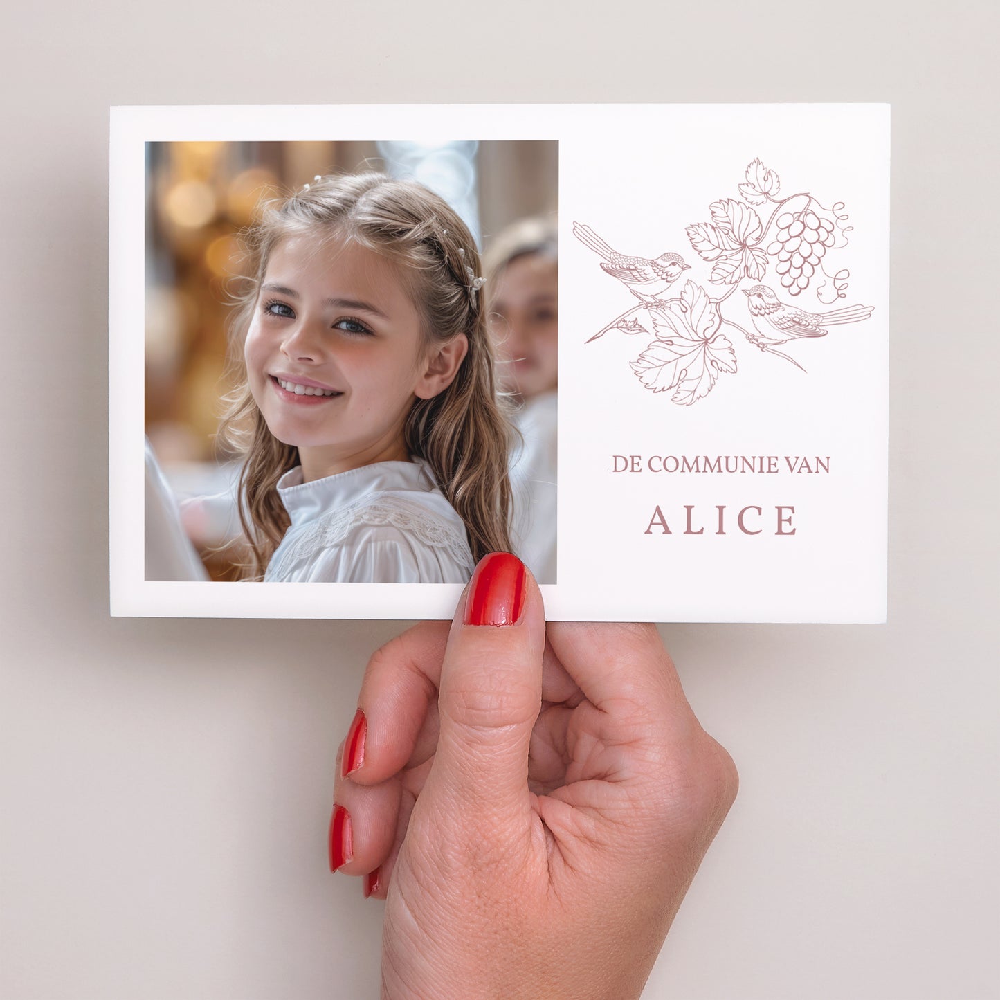 Uitnodigingskaart Communie Landschap Vogels en Foto, Wijnstok, Roos foto N° 3