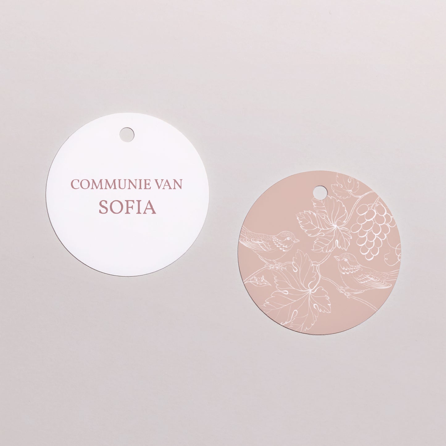 Cadeaulabel Communie Ronde Vogels en Foto, Wijnstok, Roos foto N° 1