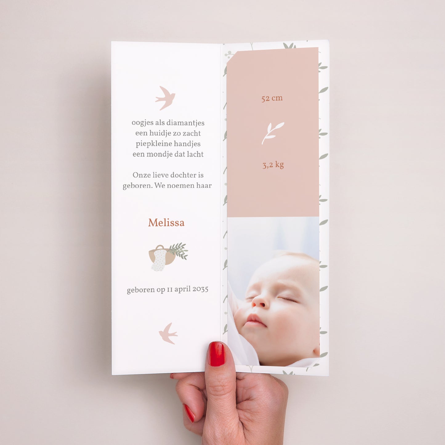 Uitnodigingskaart Geboorte Fotocabine bladwijzer Brin de bonheur, rose tendresse foto N° 2