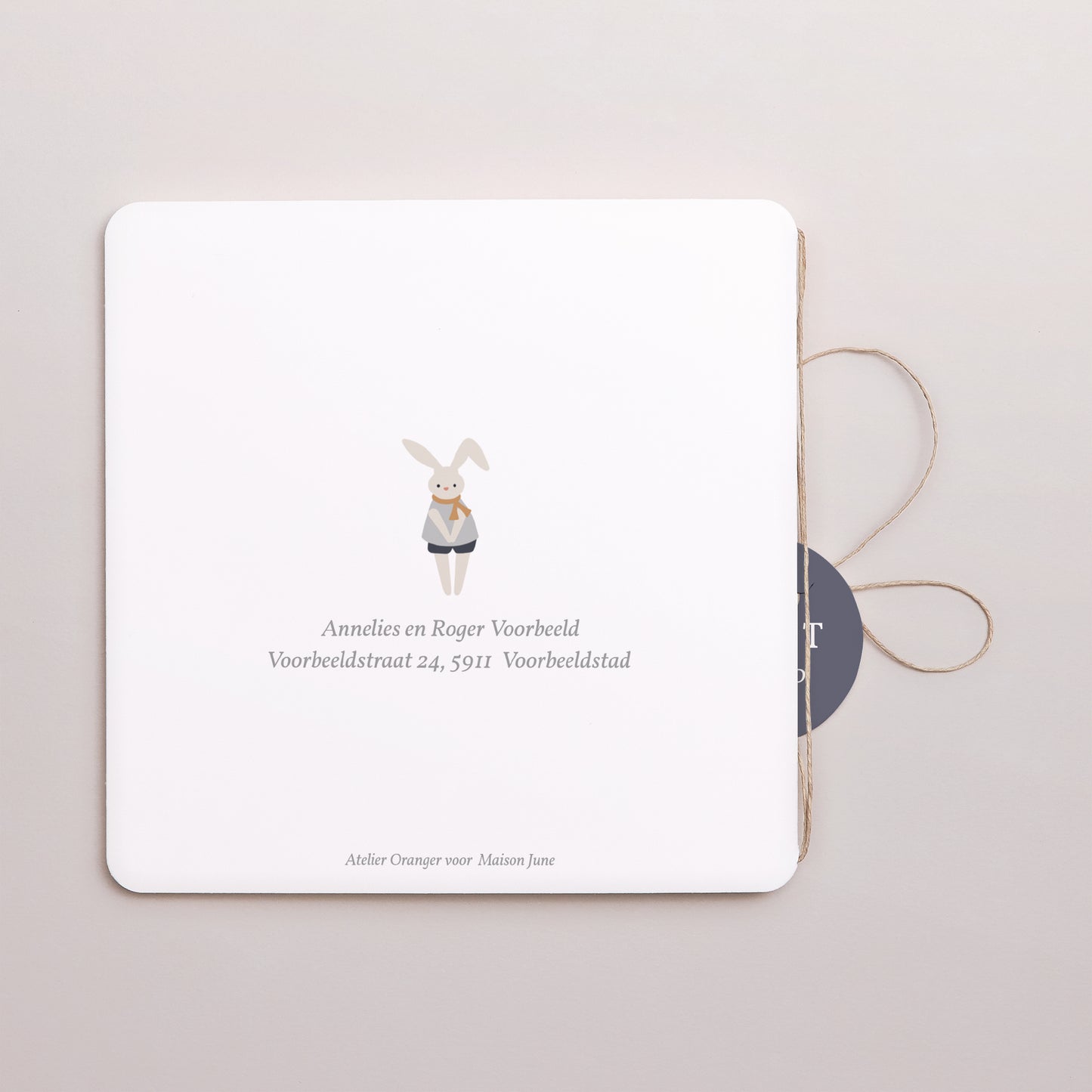 Uitnodigingskaart Geboorte Dubbel vierkant vouw, afgeronde hoeken, ronde label. Pauze Doudou Garçon, Lapin foto N° 3