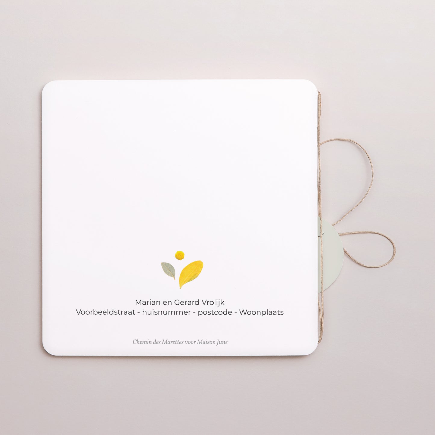 Uitnodigingskaart Geboorte Dubbel vierkant vouw, afgeronde hoeken, ronde label. Herbarium, zomerkrans & label foto N° 3