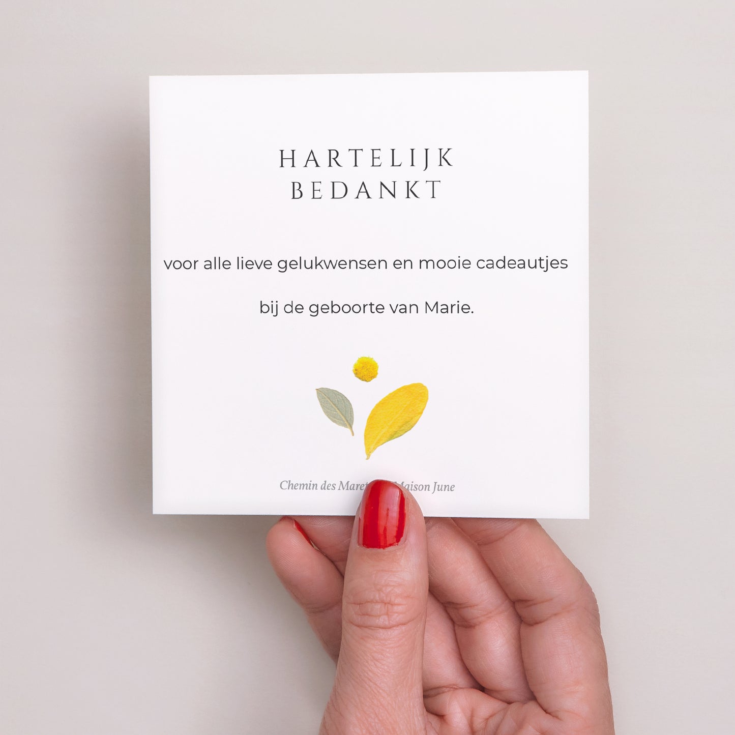 Bedankkaart Geboorte Vierkant Herbarium, zomerkrans & label foto N° 2