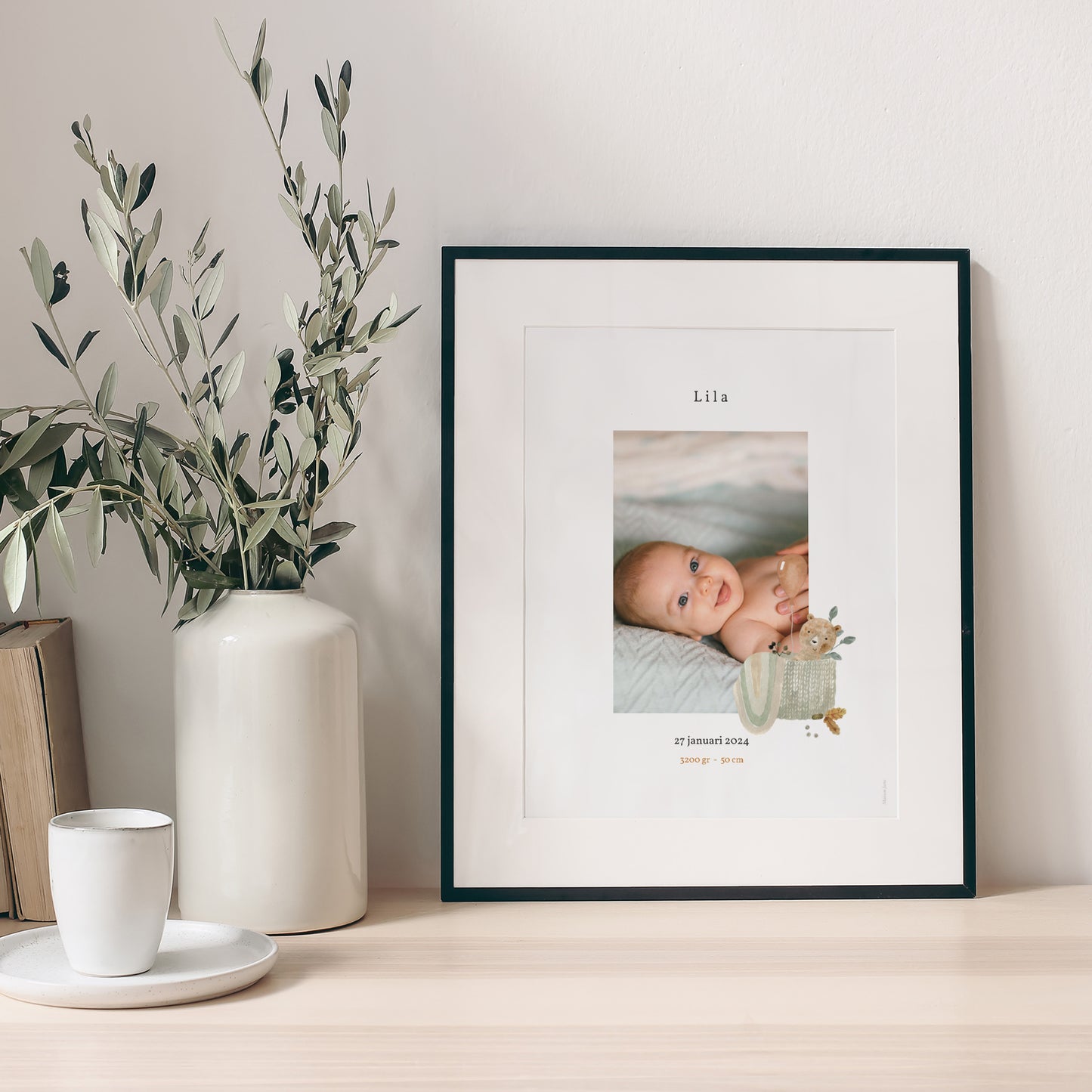 Poster Geboorte Portret Schattige teddybeer, rieten mand & ballon foto N° 1