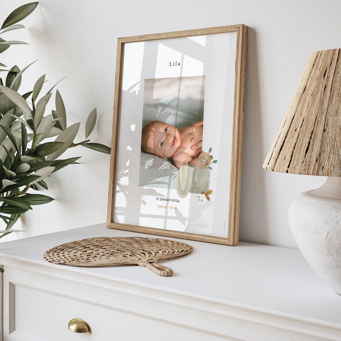 Poster Geboorte Portret Schattige teddybeer, rieten mand & ballon foto N° 5