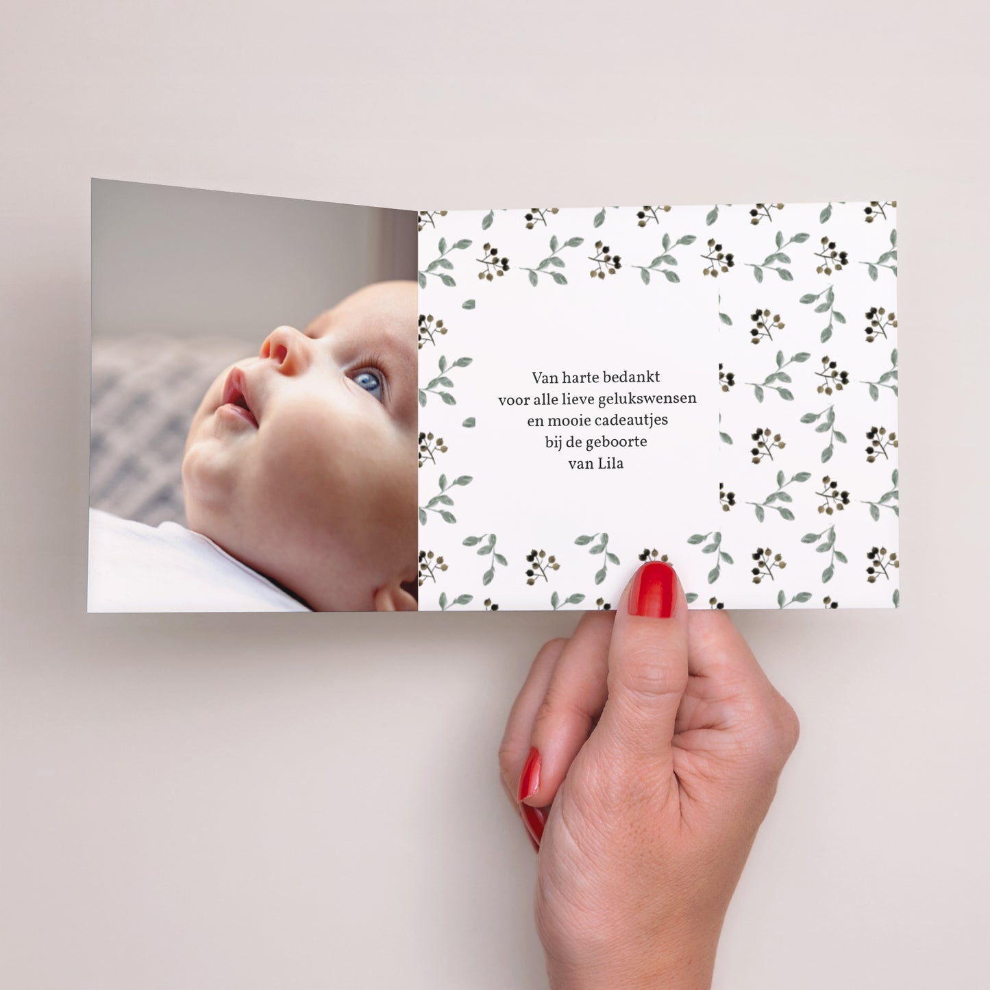 Bedankkaart Geboorte Twee asymmetrische panelen Schattige teddybeer, rieten mand & ballon foto N° 2