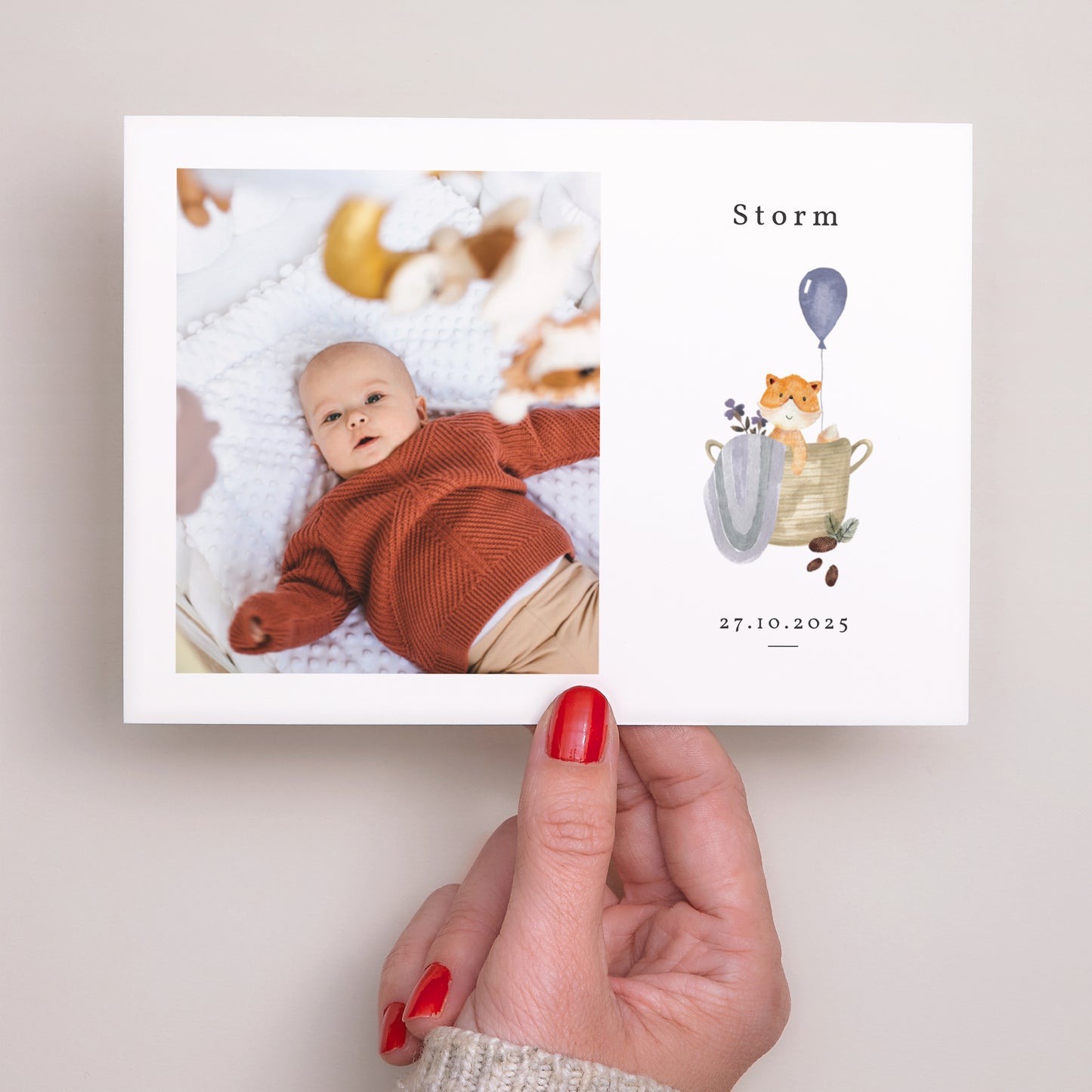 Uitnodigingskaart Geboorte Landschap Vosje, rieten mand & paarse ballon foto N° 3