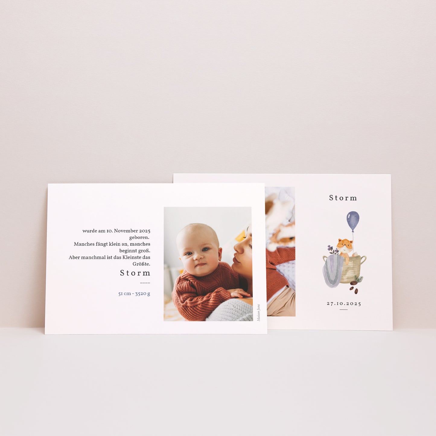 Uitnodigingskaart Geboorte Landschap Vosje, rieten mand & paarse ballon foto N° 3