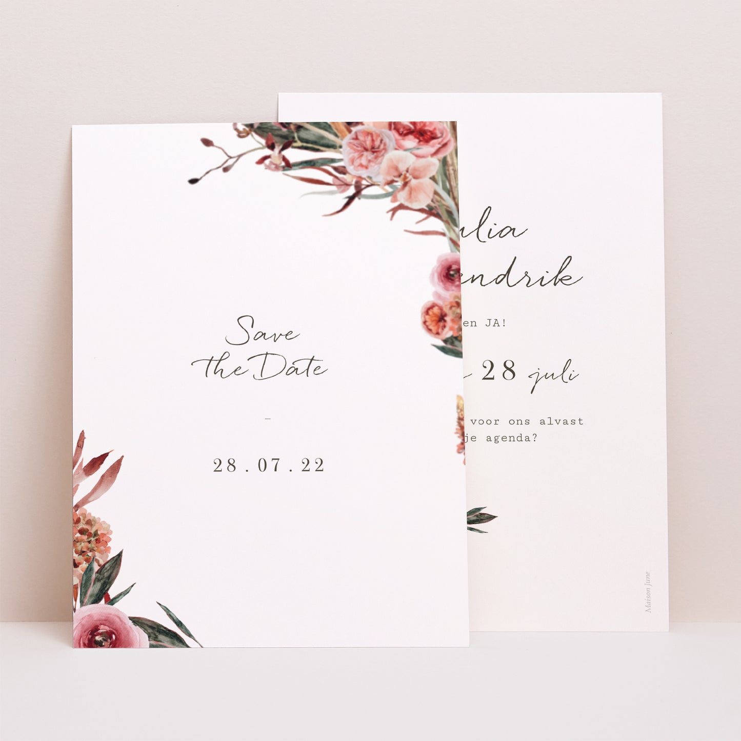 Save the date kaart Huwelijk Portret Bloemenboog in rode en oranje tinten foto N° 1