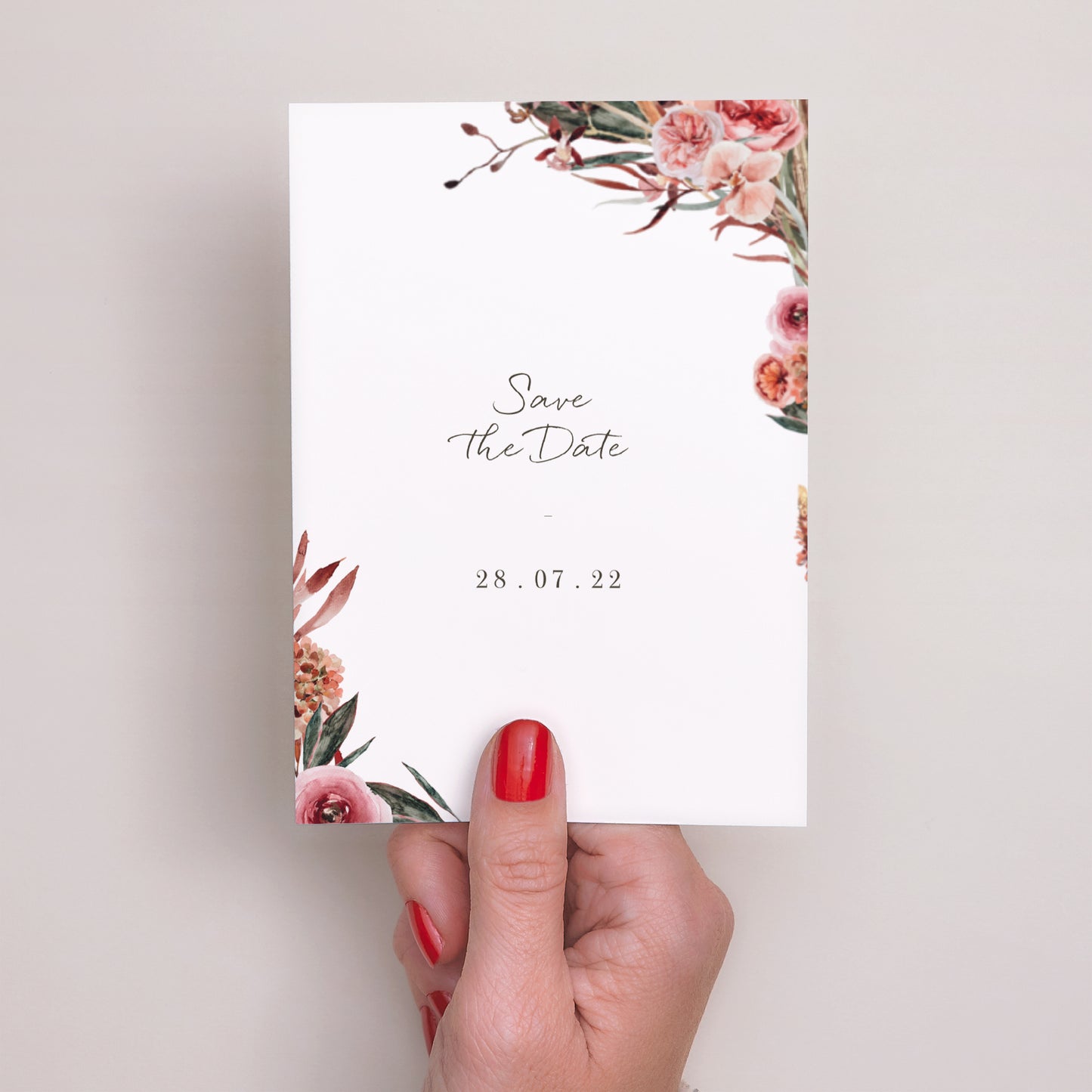 Save the date kaart Huwelijk Portret Bloemenboog in rode en oranje tinten foto N° 2