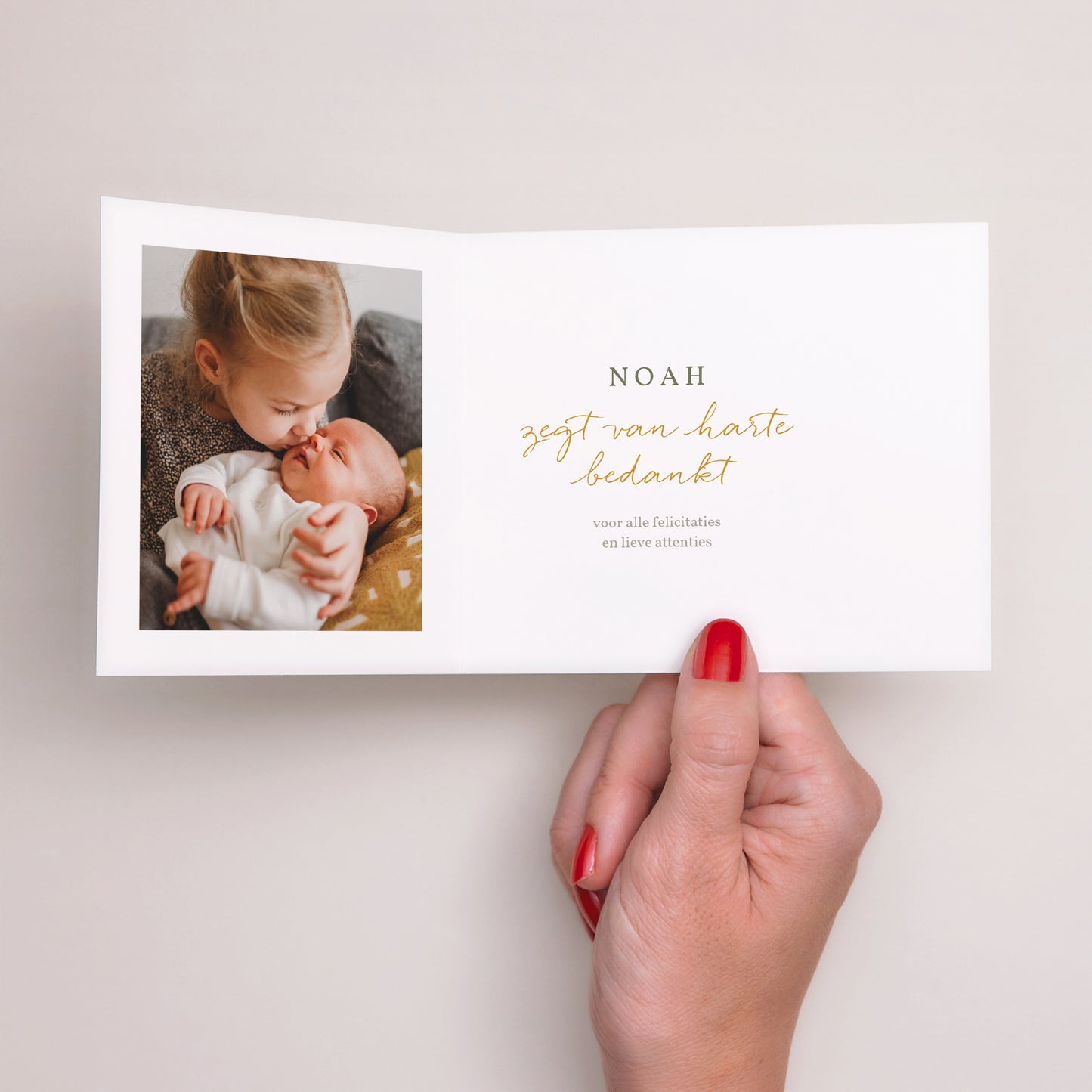 Bedankkaart Geboorte Twee asymmetrische panelen Hallo, kleine gouden draad foto N° 2