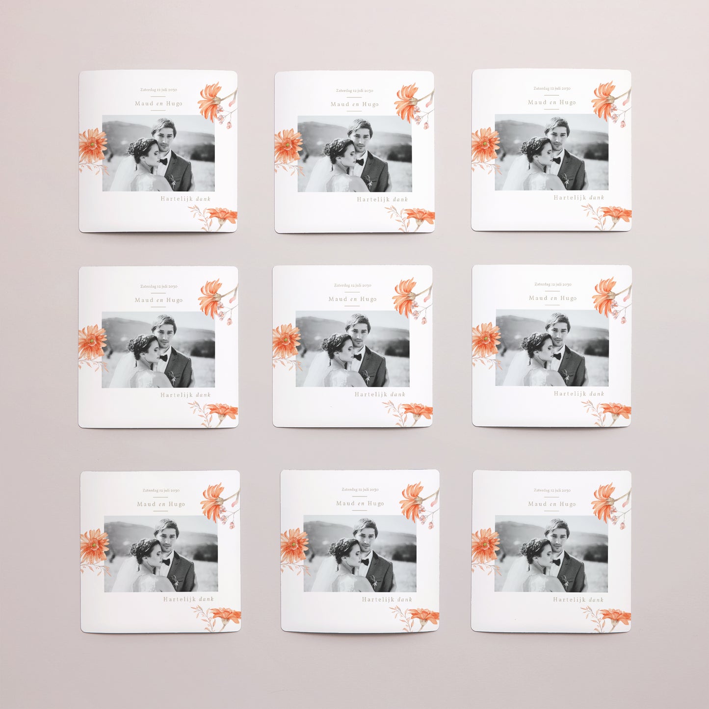 Bedankkaart Huwelijk Set van 9, magnetisch. Zomerzonnewende krans foto N° 3