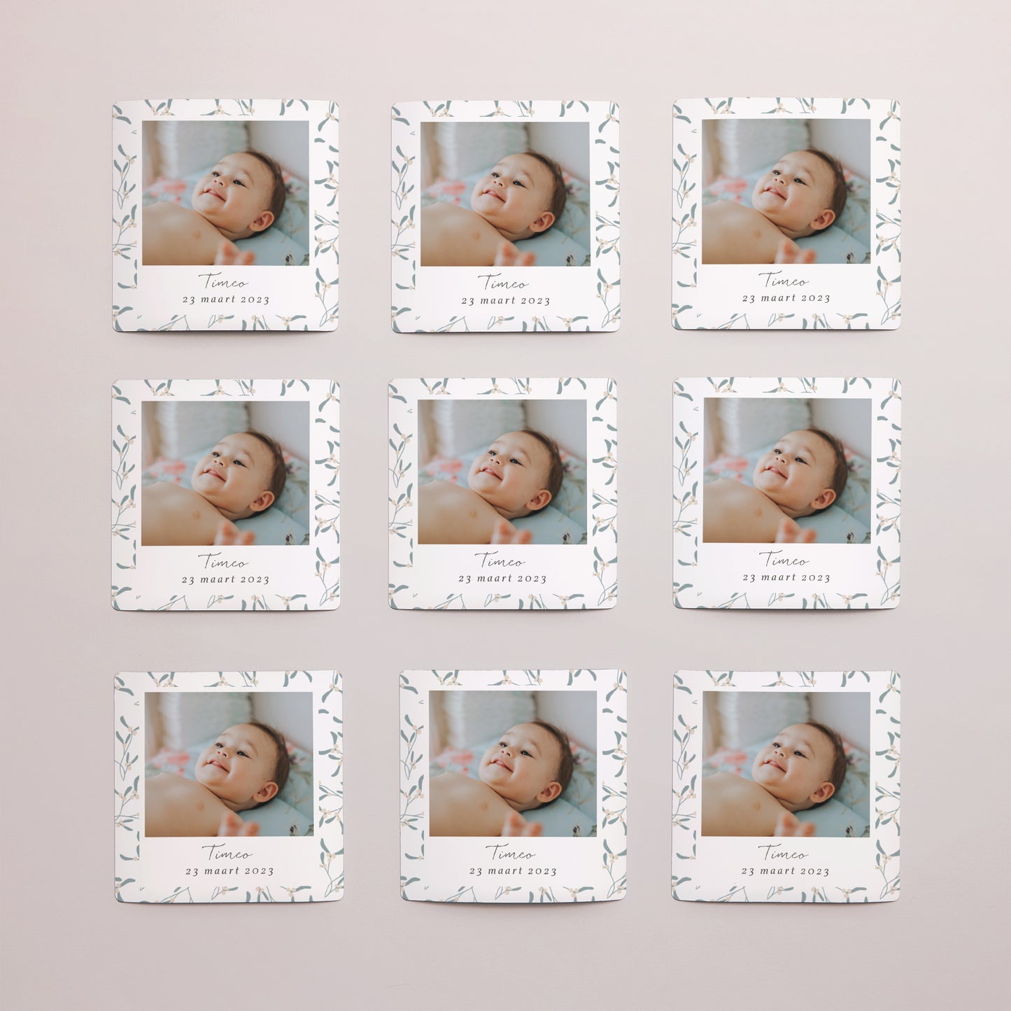 Bedankkaart Doop Set van 9, magnetisch. Baby jongen kussen foto N° 3