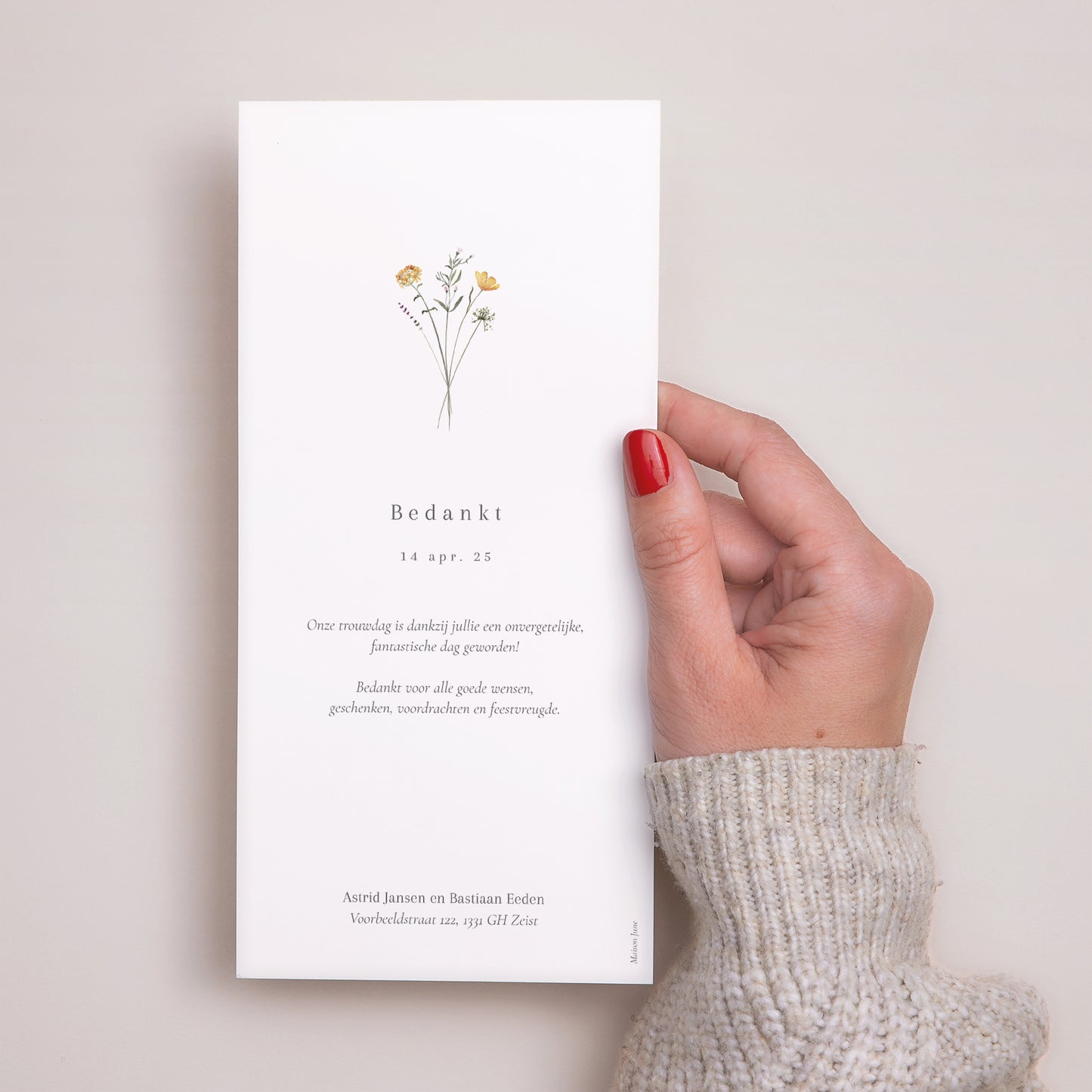 Bedankkaart Huwelijk Panoramisch portret Kleine bloemenkrans foto N° 3