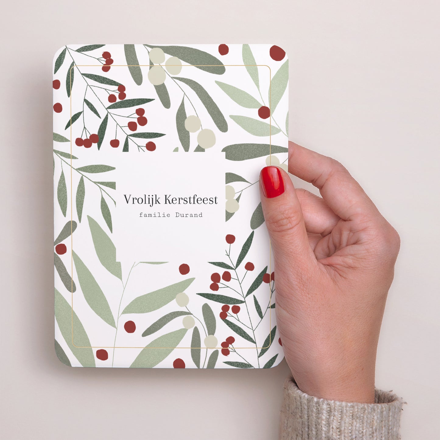 Kerstkaart Eindejaar Portret, afgeronde randen kerstmotief, groene tinten foto N° 2