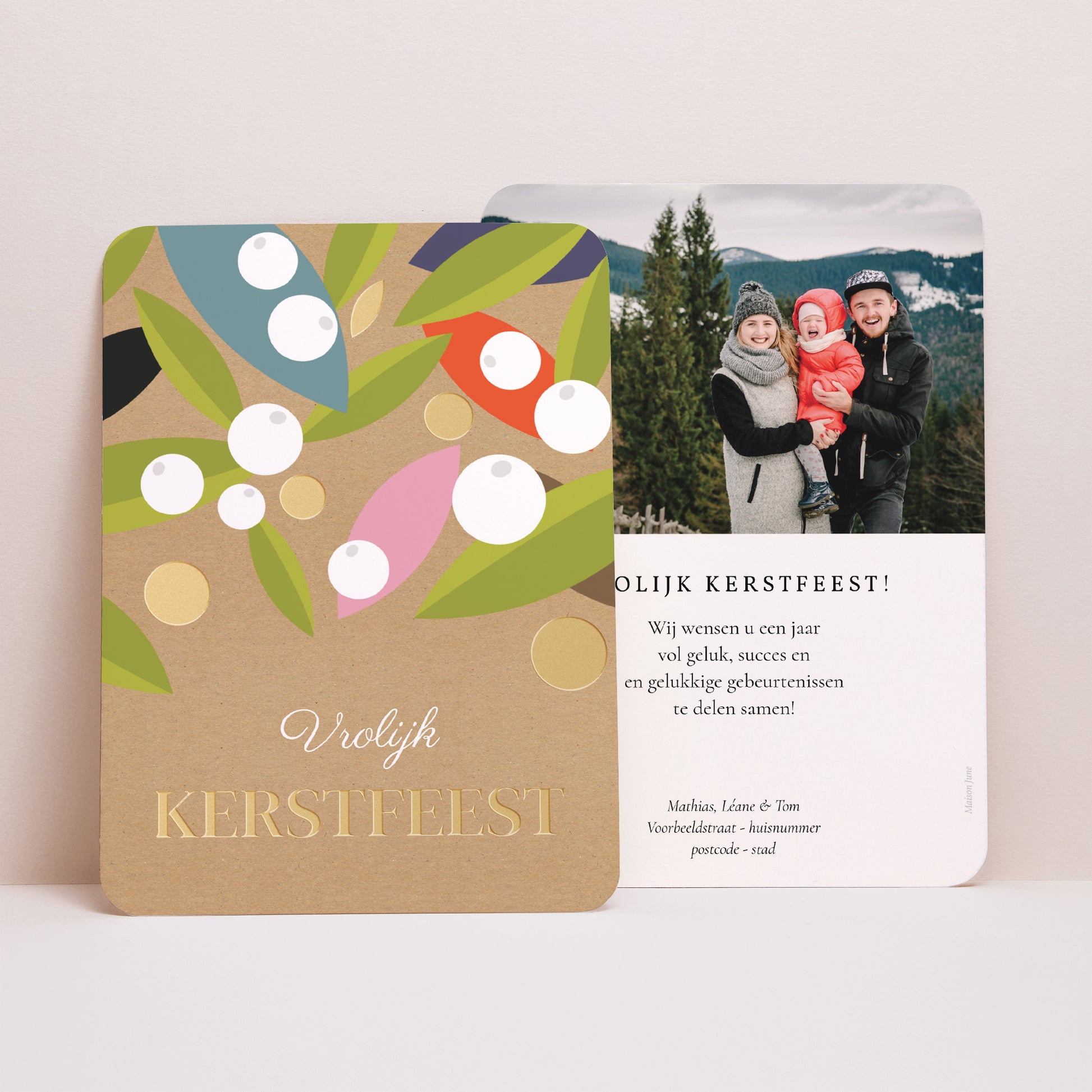 Kerstkaart Eindejaar Portret, afgeronde randen Bladeren en maretak foto N° 1