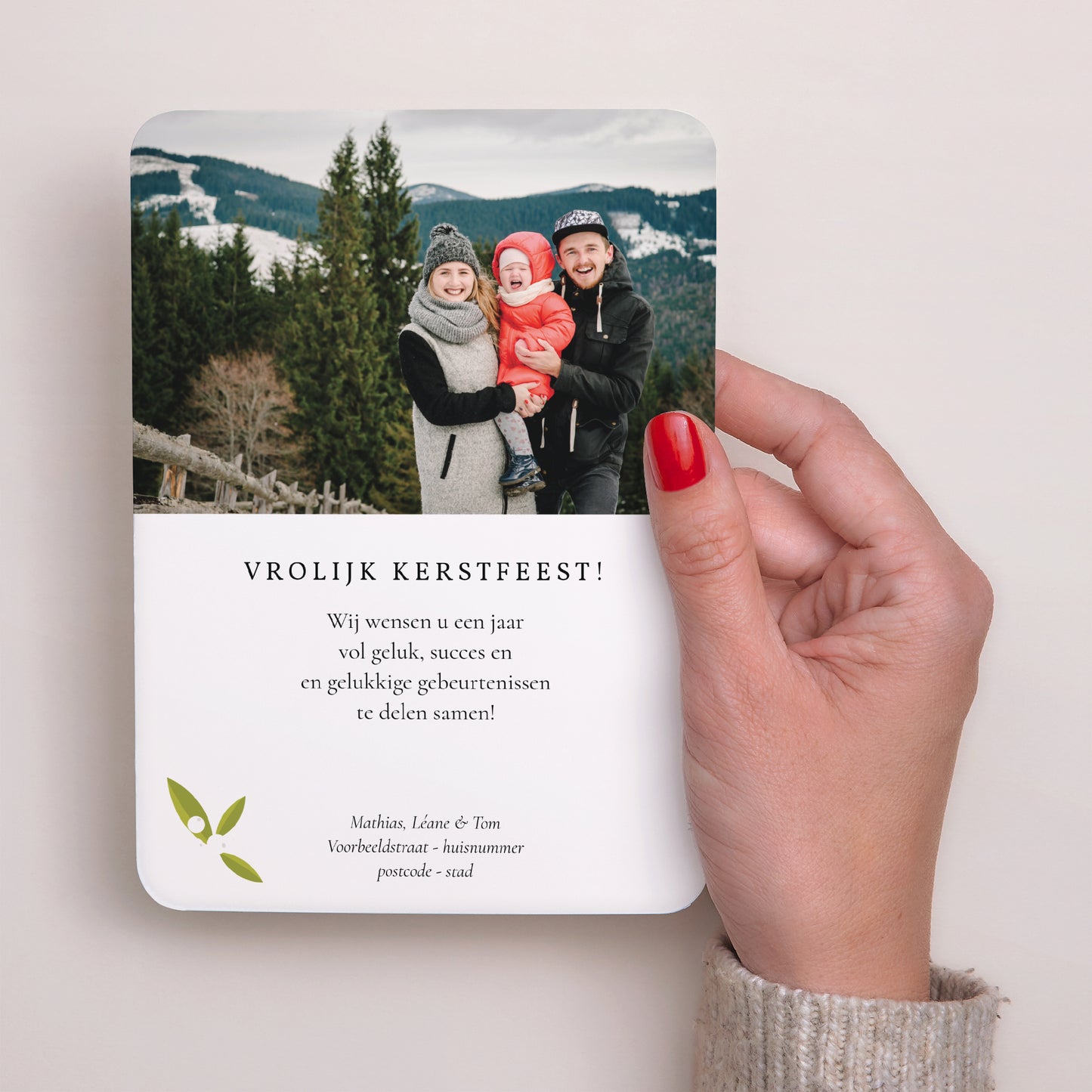 Kerstkaart Eindejaar Portret, afgeronde randen Bladeren en maretak foto N° 3